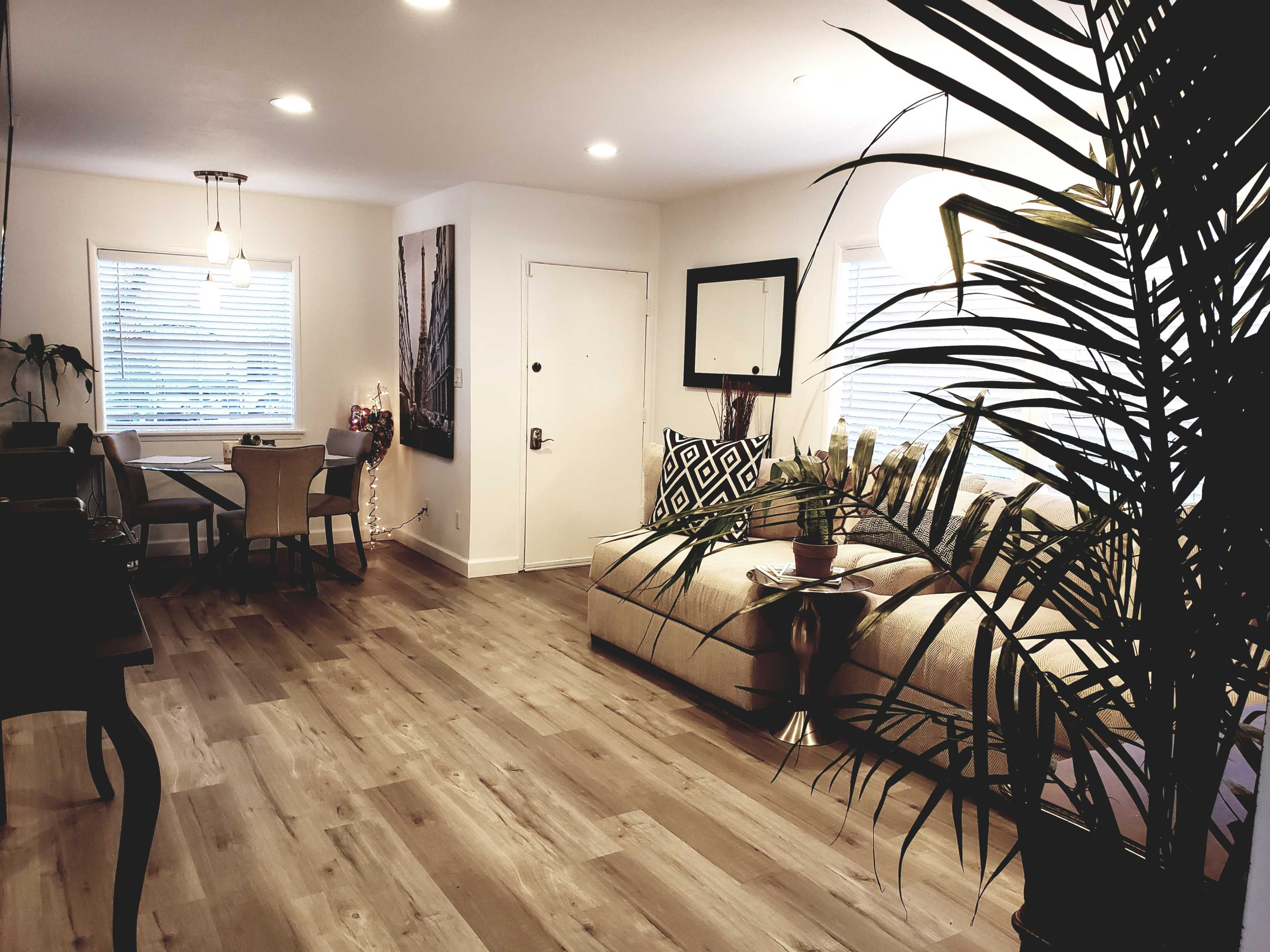 A living area with a couch, dining table, and a large window, featuring wooden flooring and potted plants.