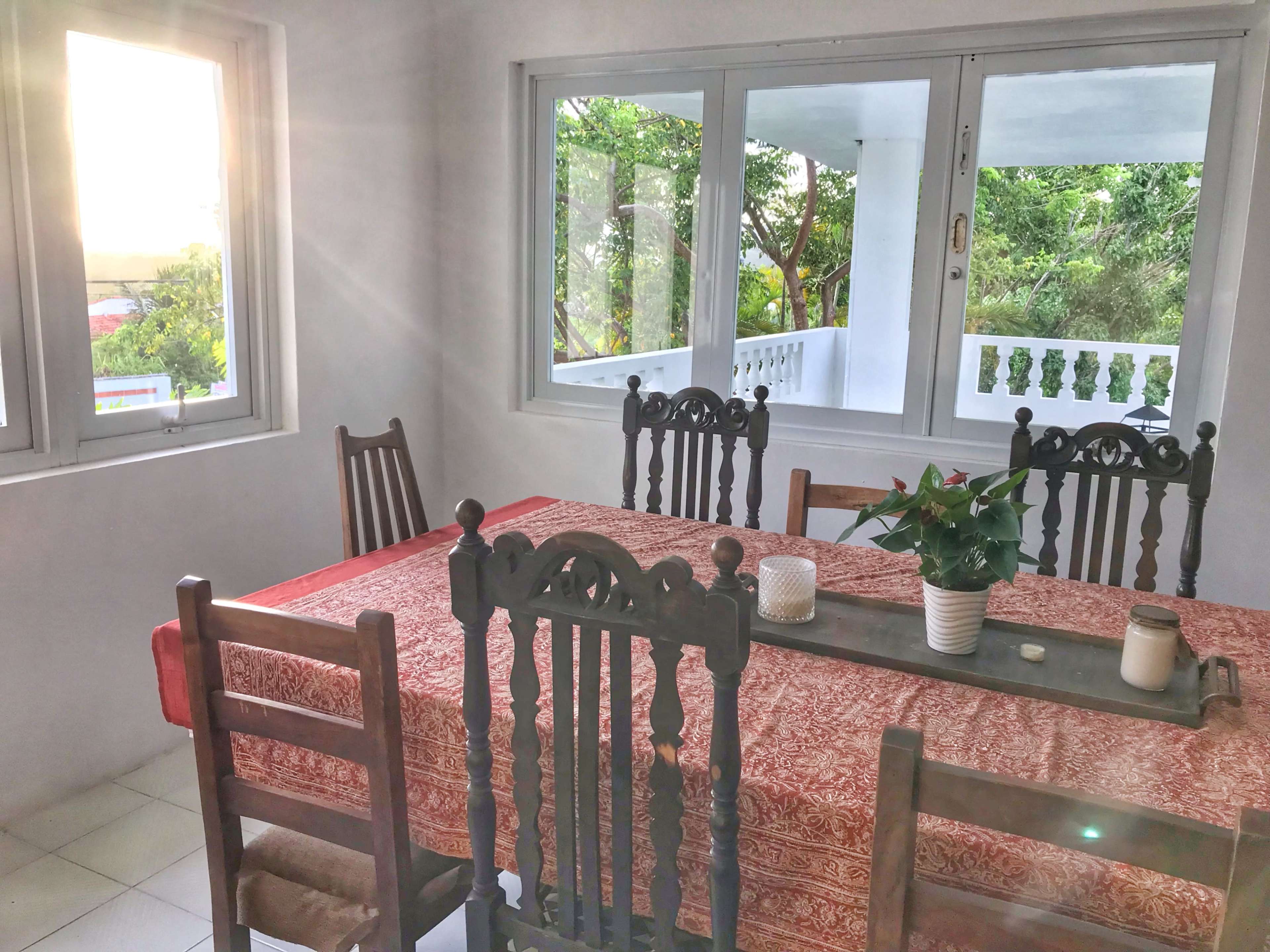 A dining table with wooden chairs is set near two windows, allowing sunlight to enter and illuminate the space with greenery visible outside.