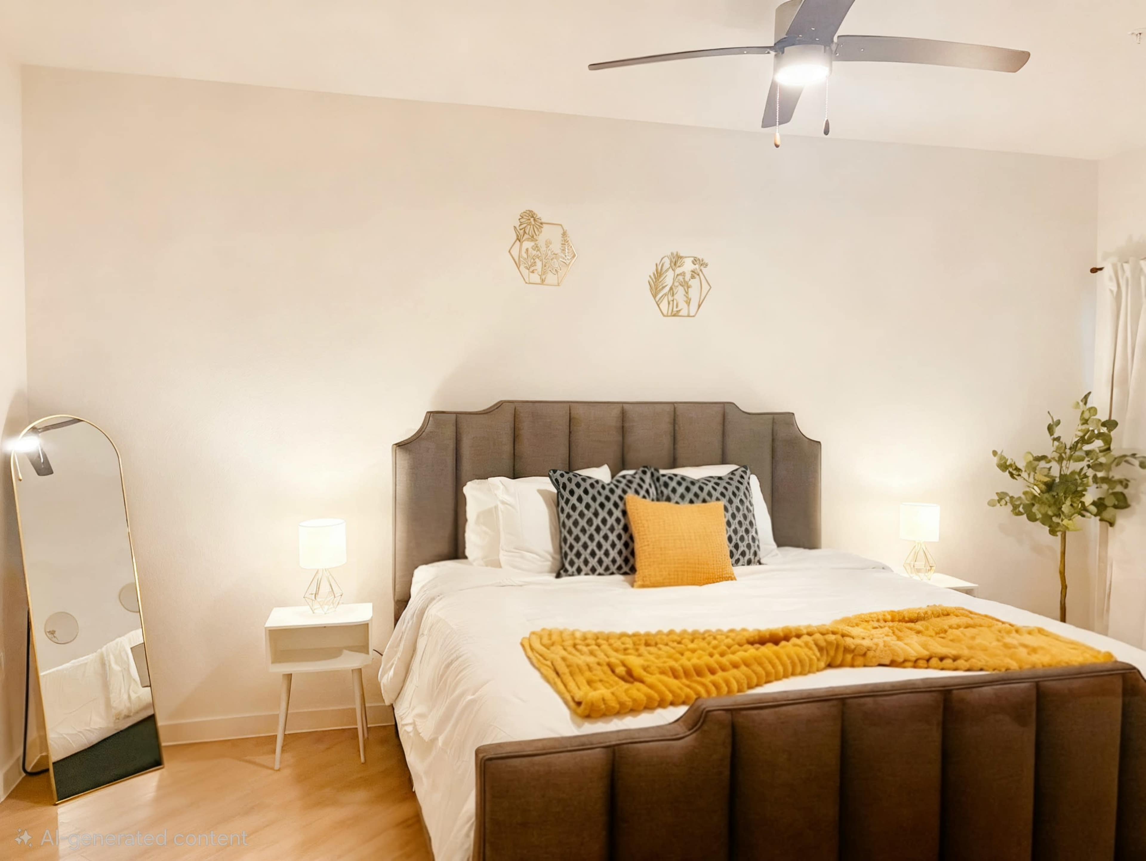 A neatly arranged bedroom features a large bed with white linens and a mustard-colored throw blanket, flanked by two bedside lamps and a full-length mirror.