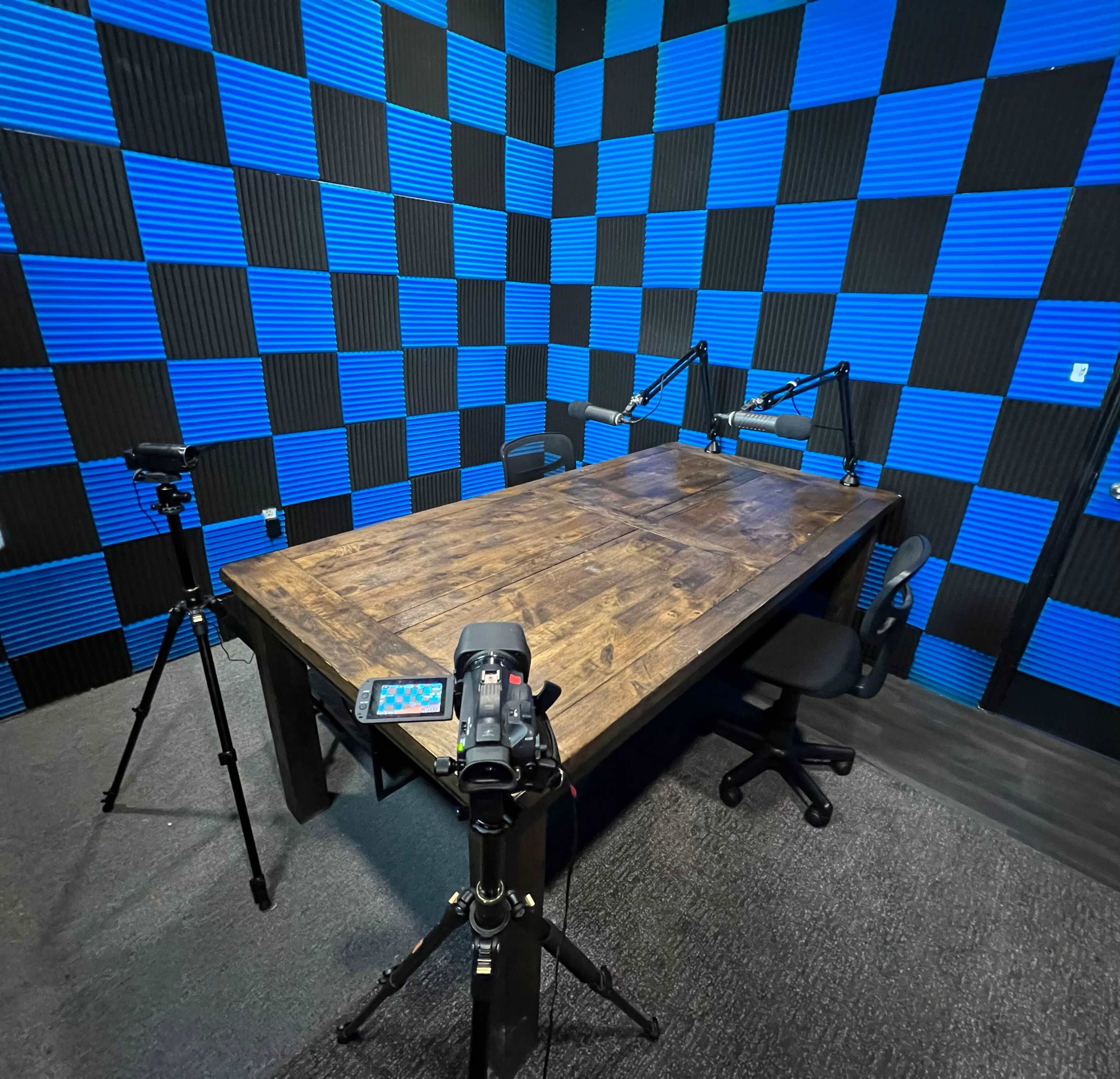 A large wooden table surrounded by black chairs in a recording studio with blue and black checkered foam walls and two cameras positioned on tripods.
