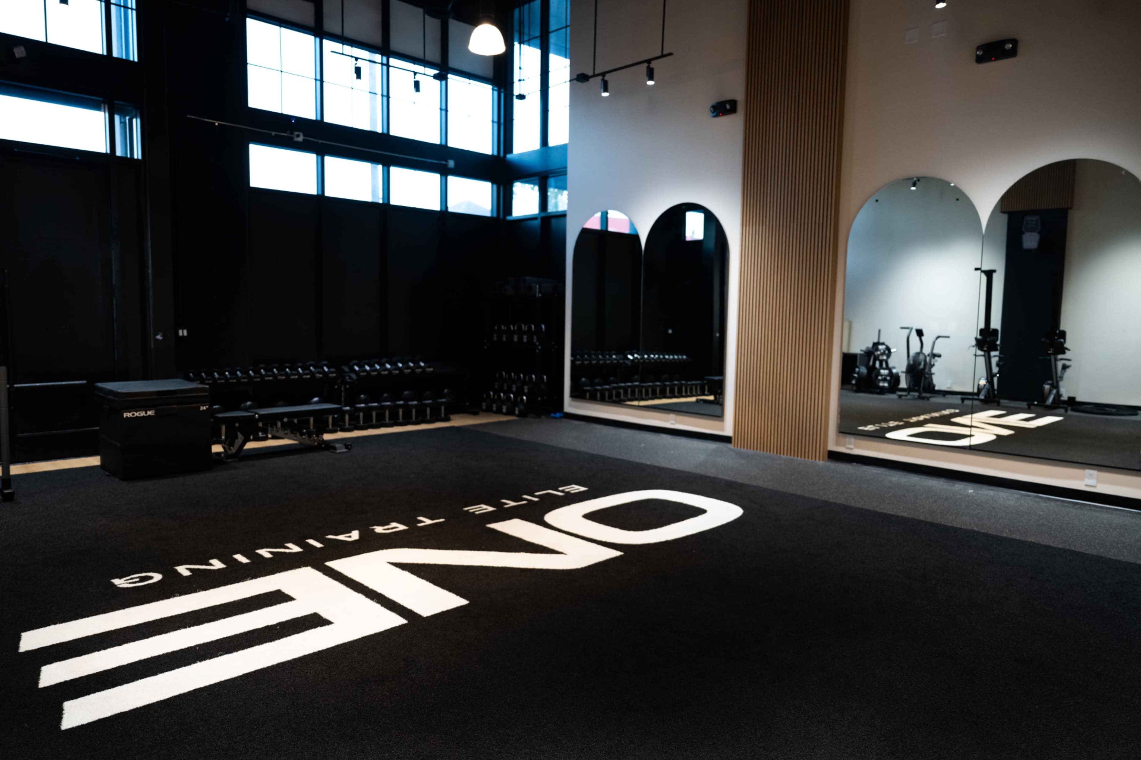 The image features a spacious gym interior with a black carpet displaying the word "ONE" in large white letters, along with mirrors and exercise equipment in the background.