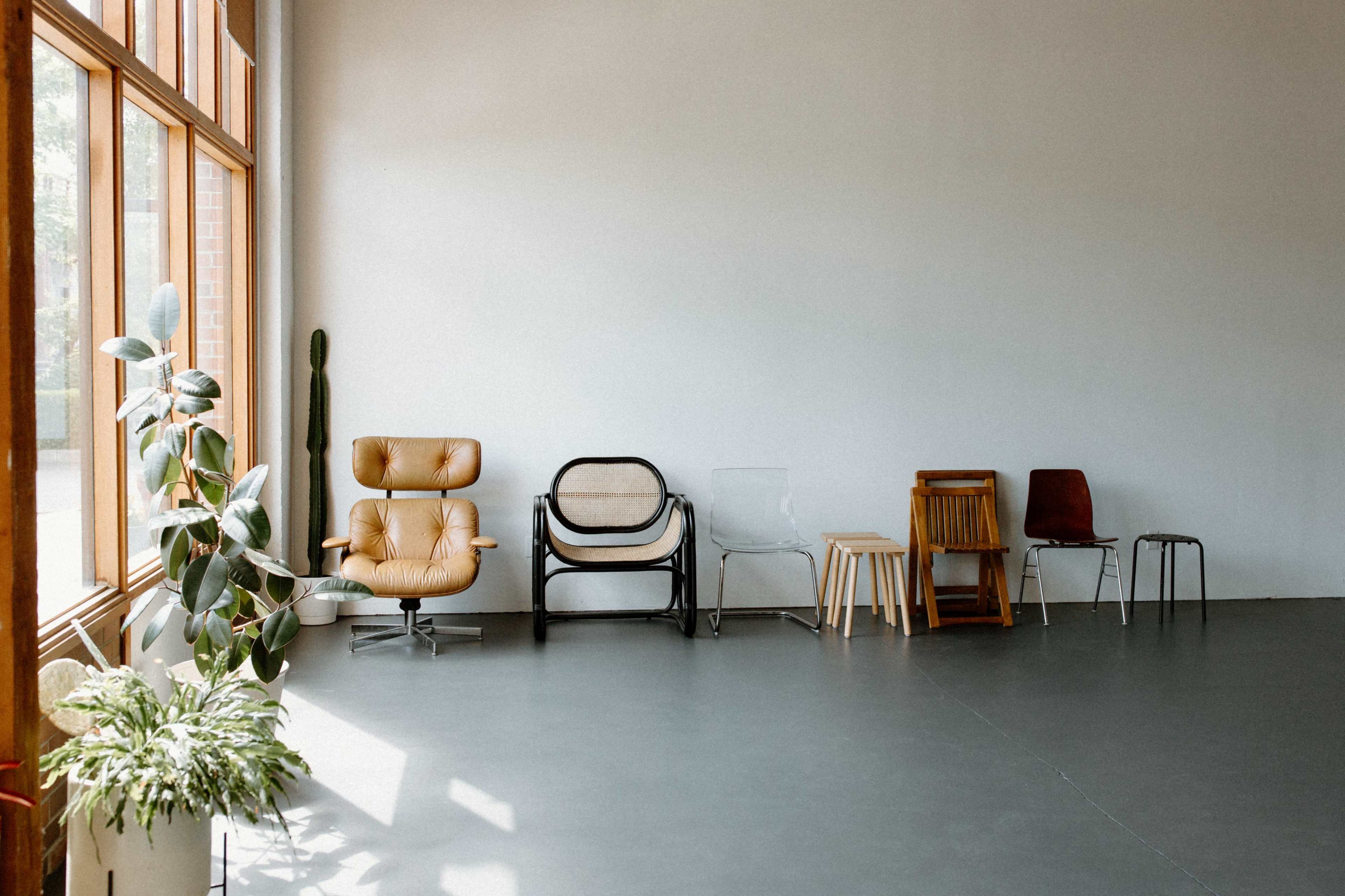 A variety of chairs arranged against a bare wall in a sunlit interior space, with a few potted plants nearby.