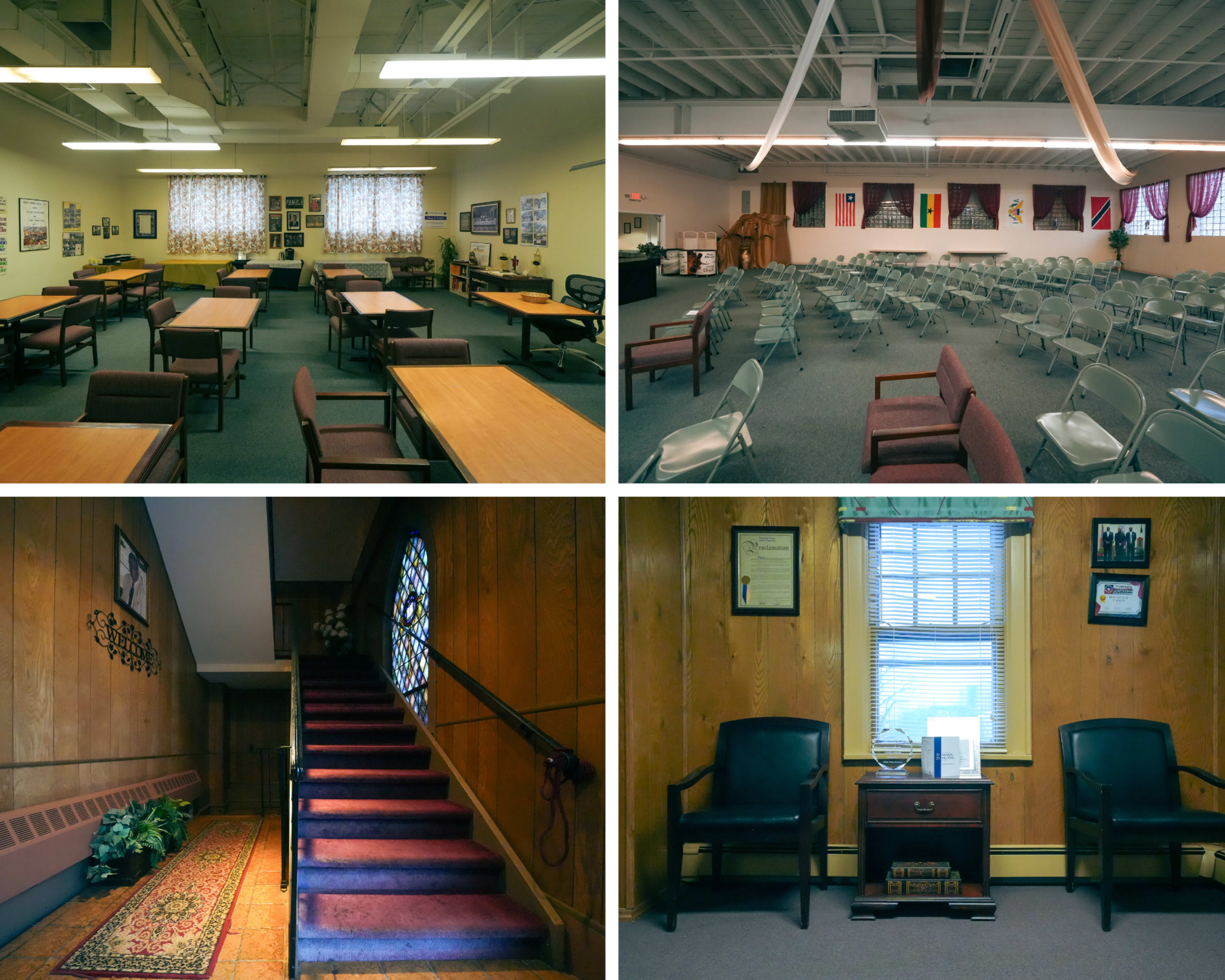 Four different indoor spaces, including classrooms with tables, a room set up for an event with chairs, a stairway leading to an upper level, and a waiting area with two chairs and a desk.