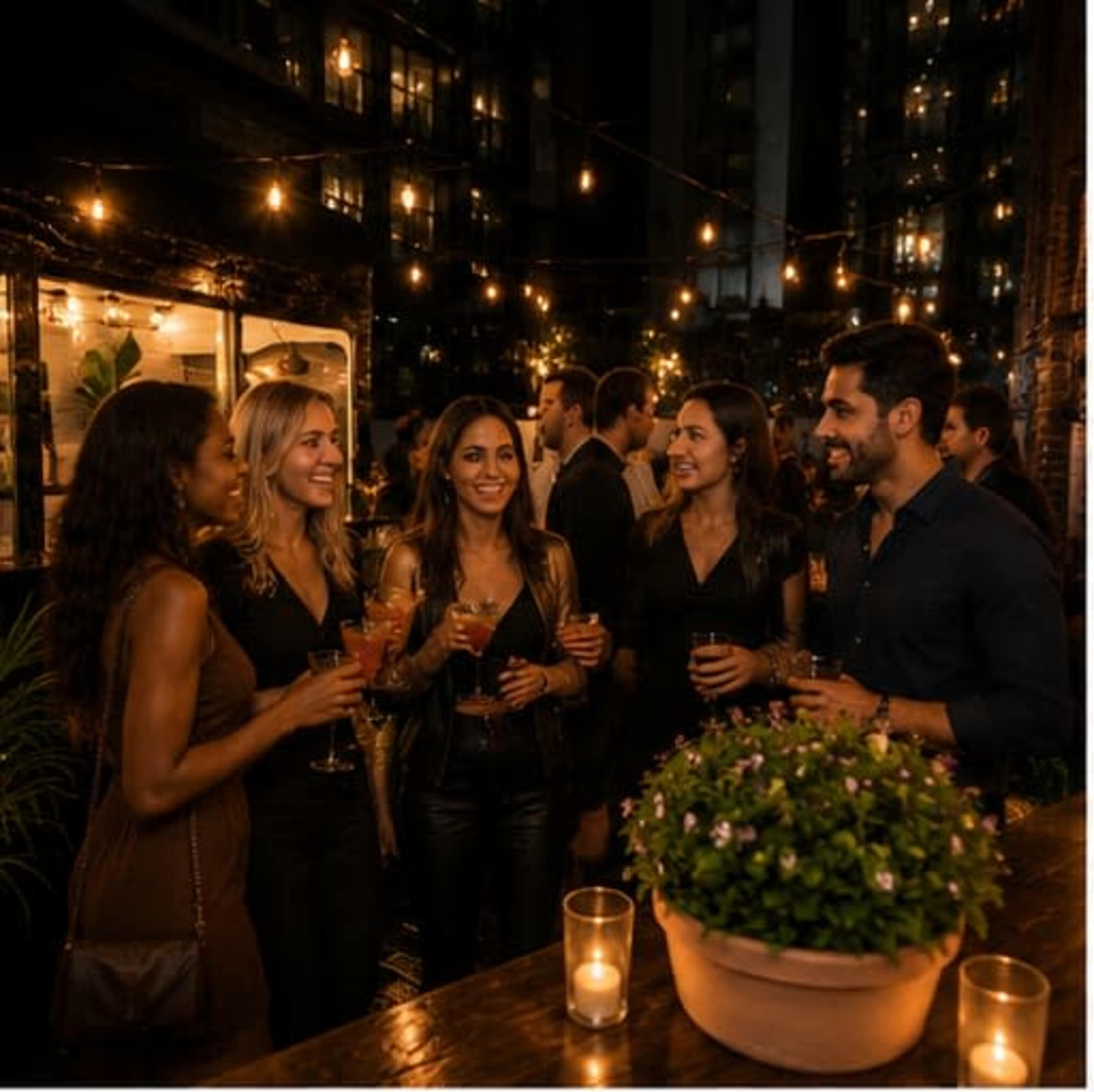 A group of five people stands together on an outdoor patio, enjoying drinks and engaging in conversation under string lights.
