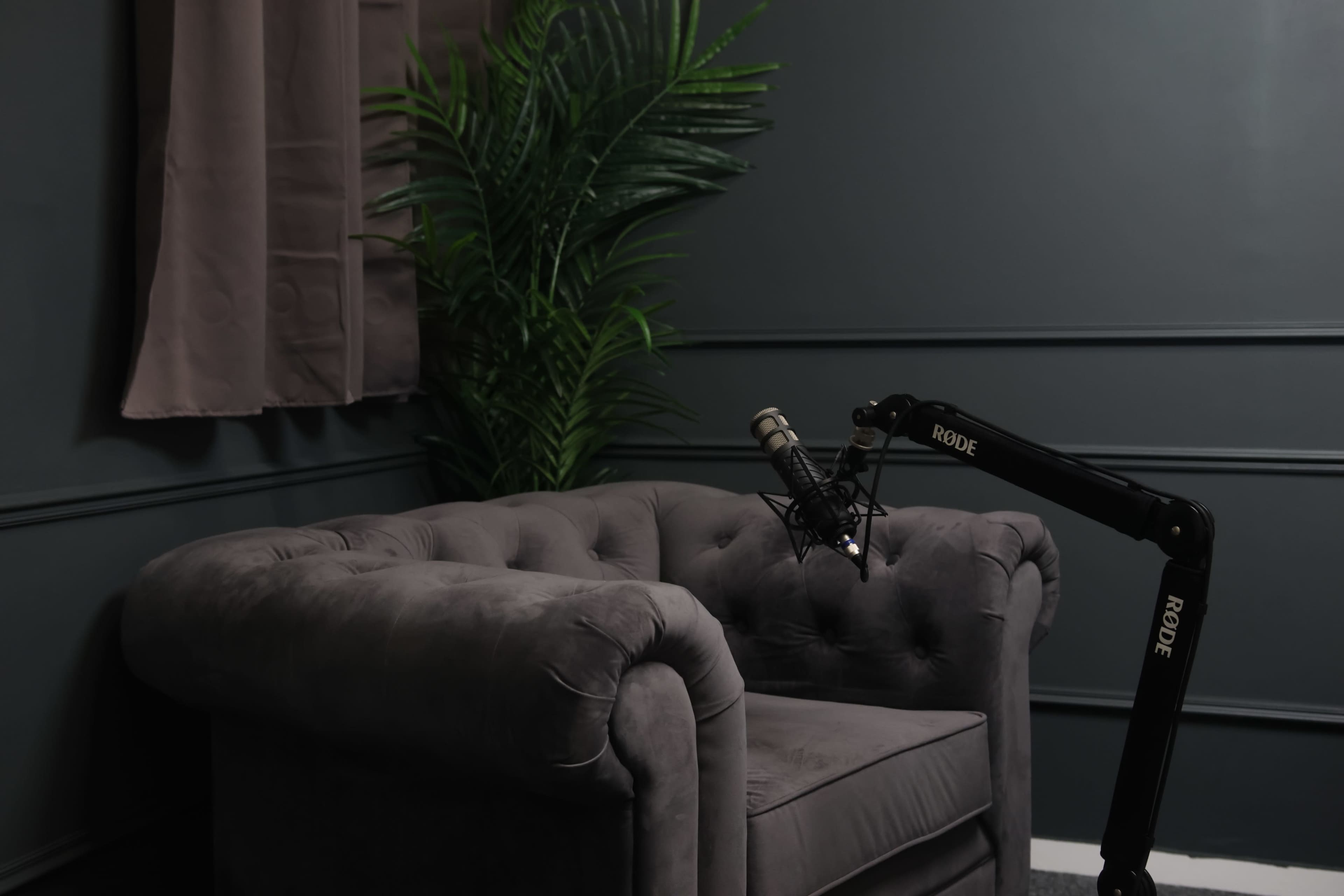A gray tufted armchair is positioned beside a potted plant, with a microphone mounted on an adjustable arm nearby.