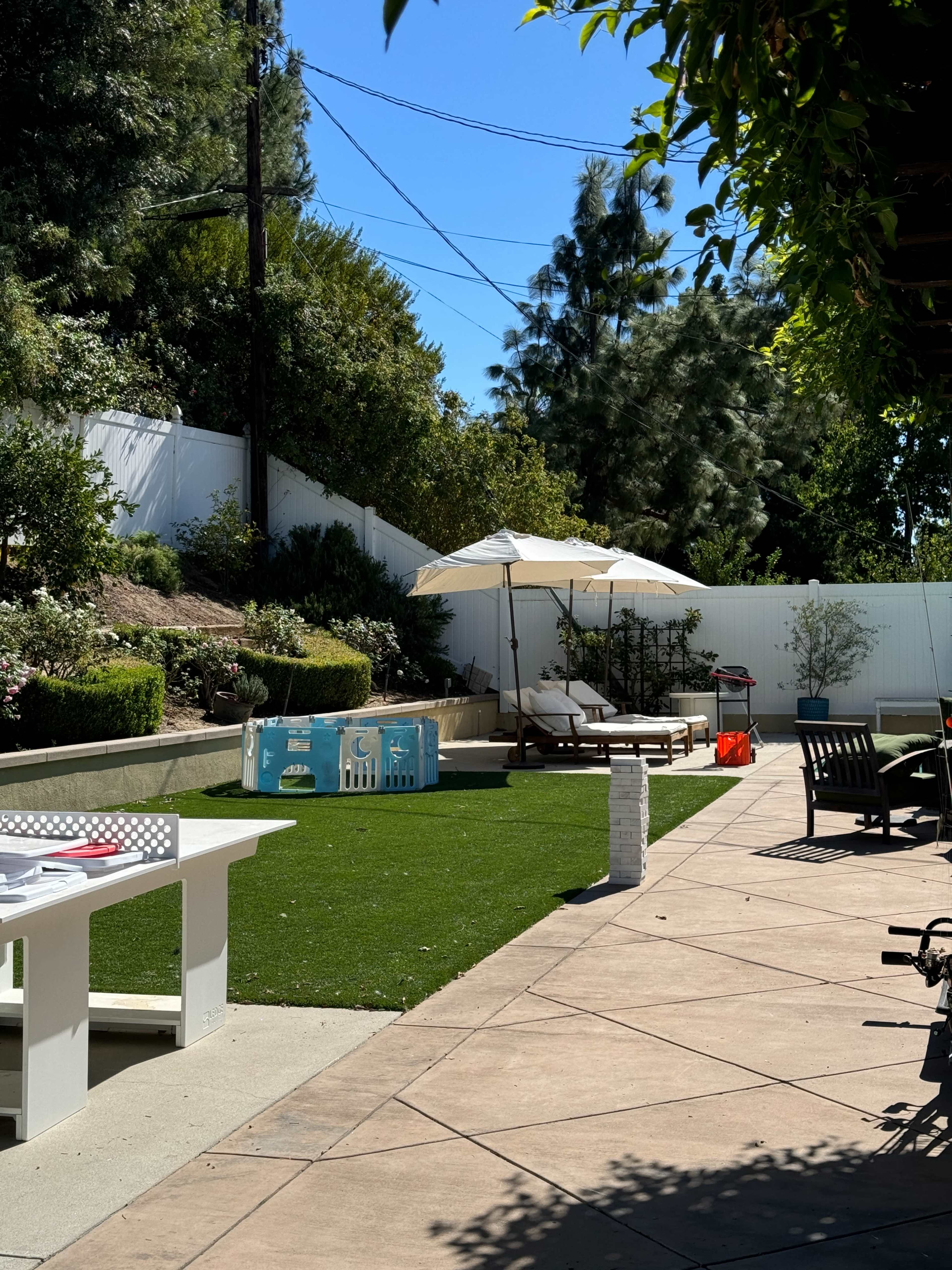 The image shows a backyard with a manicured lawn, a sunshade, a lounge chair, and a patio area surrounded by greenery.