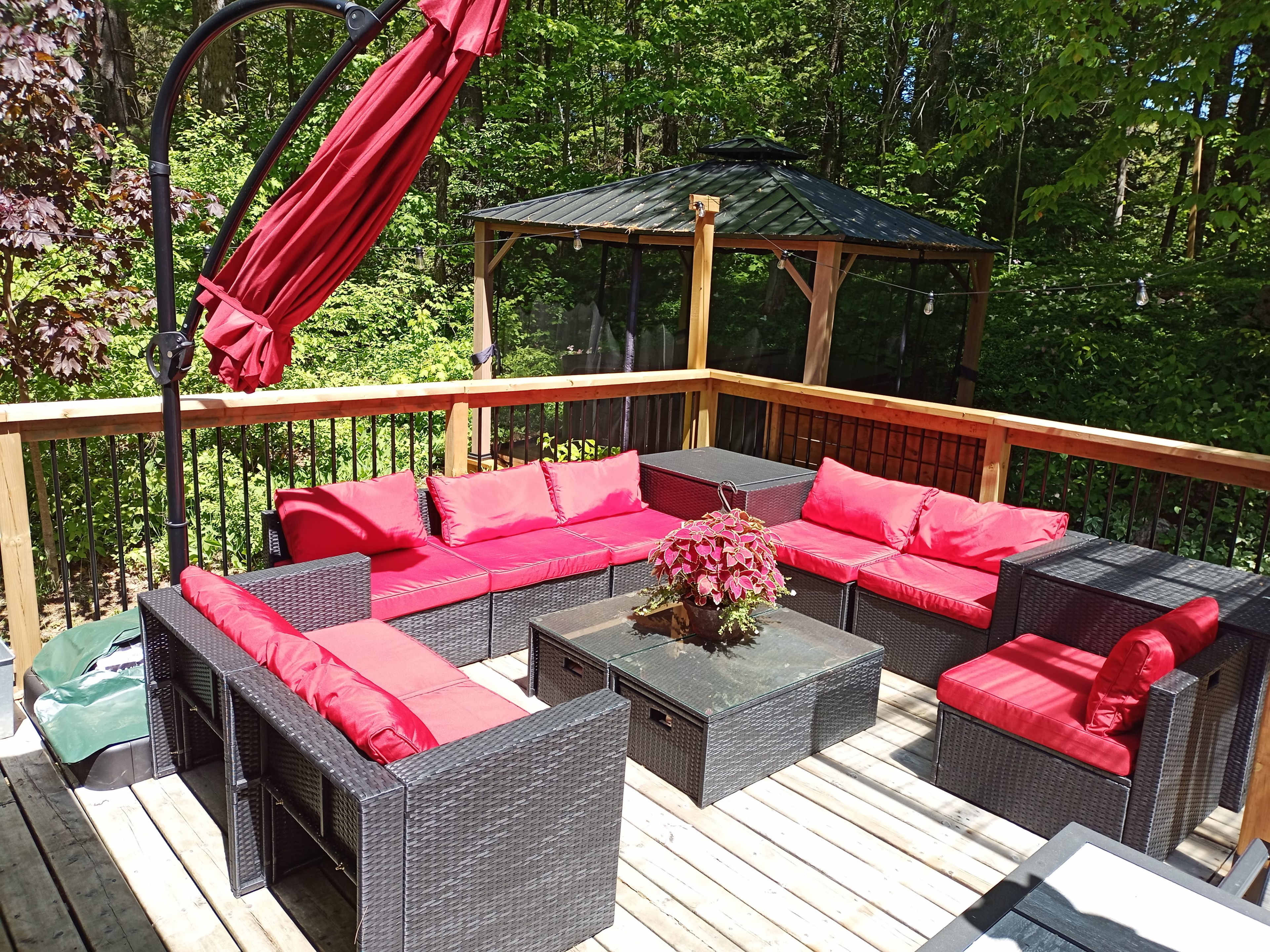 A deck features a black wicker seating area with red cushions and a central table, surrounded by greenery and a gazebo in the background.