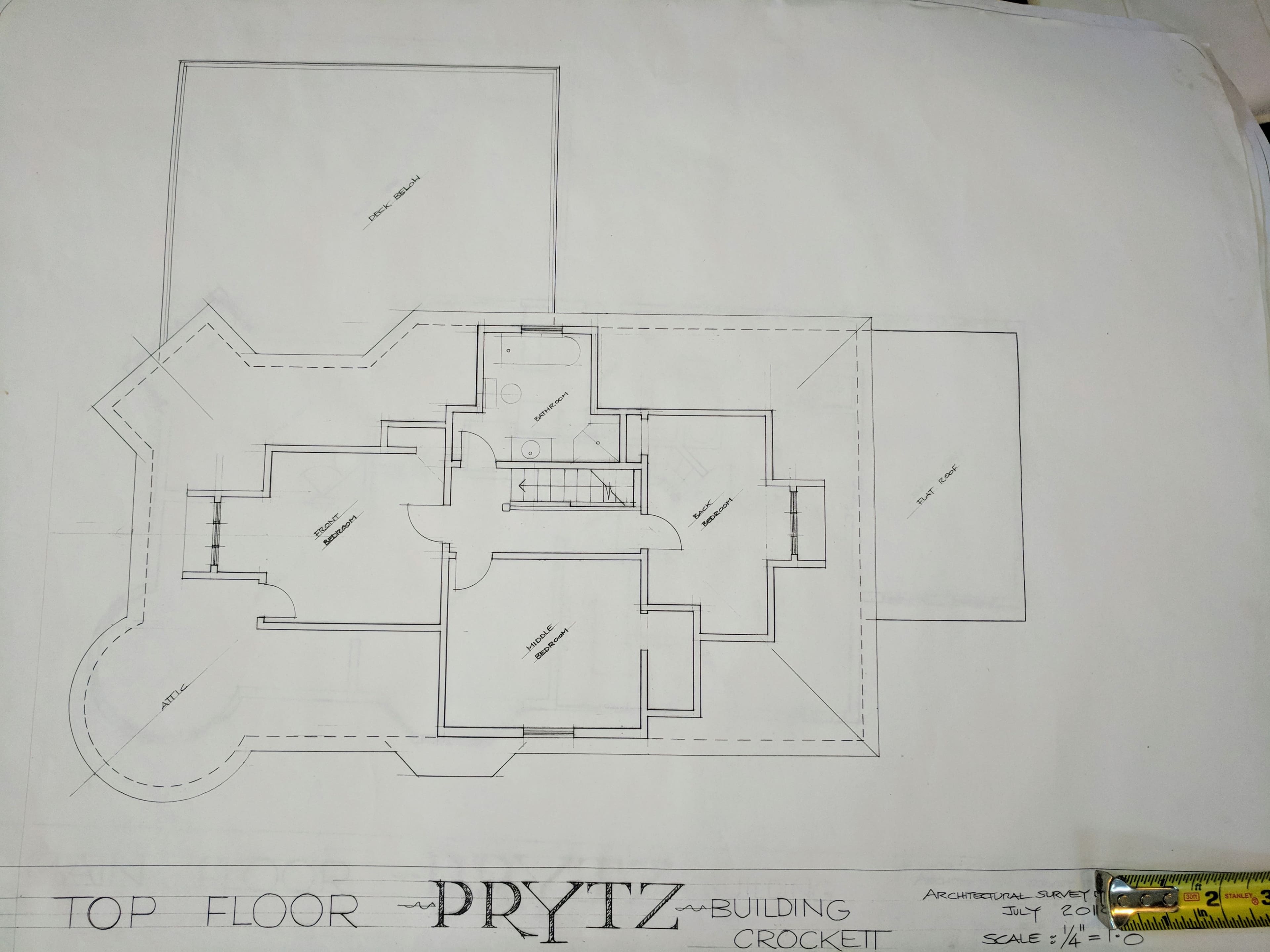 A detailed architectural blueprint of the top floor layout for a building named "Prytz," located in Crockett, with measurements and design elements clearly marked.