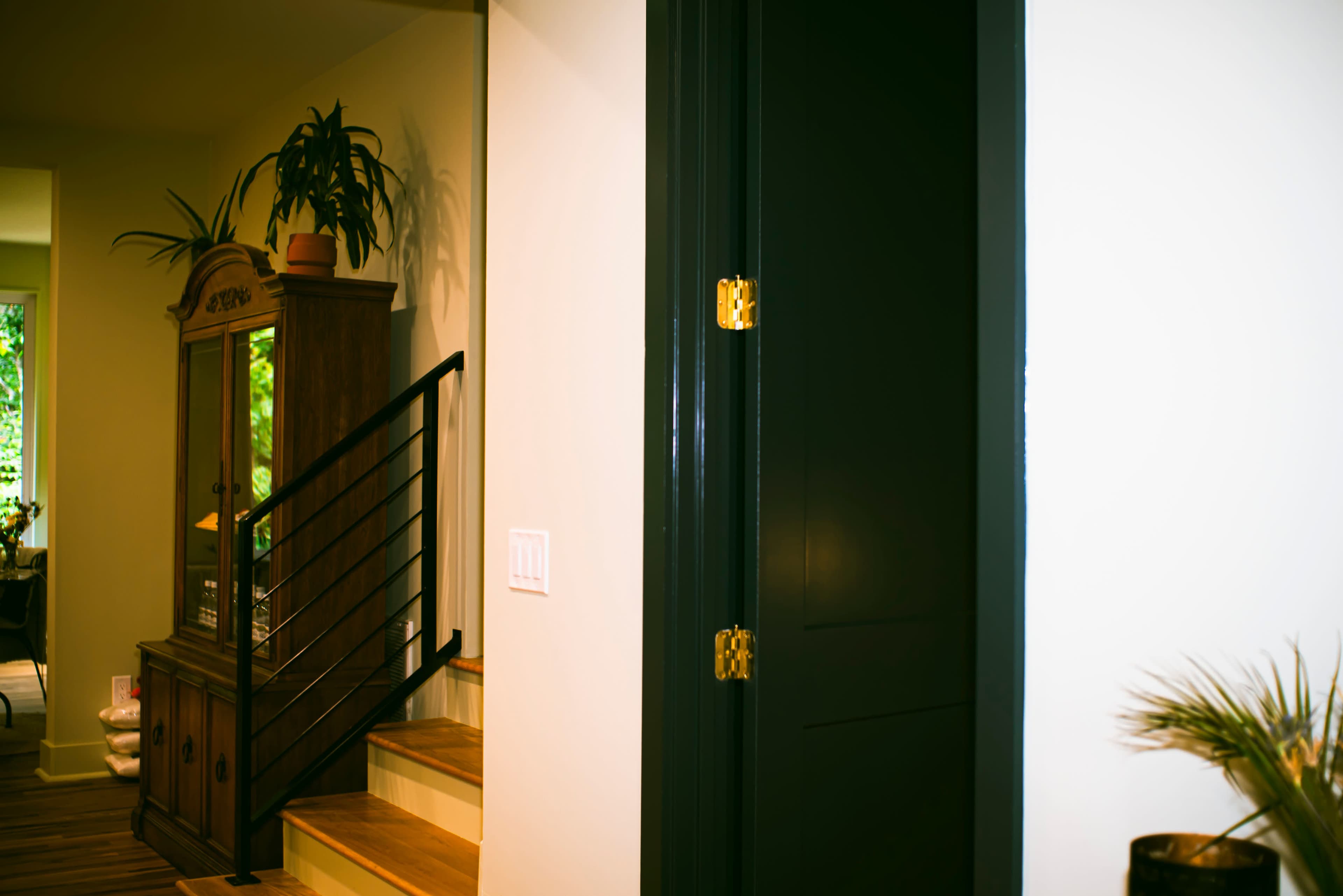 The image shows an interior space featuring a staircase with wooden steps, a green plant near a wall, and a closed black door.