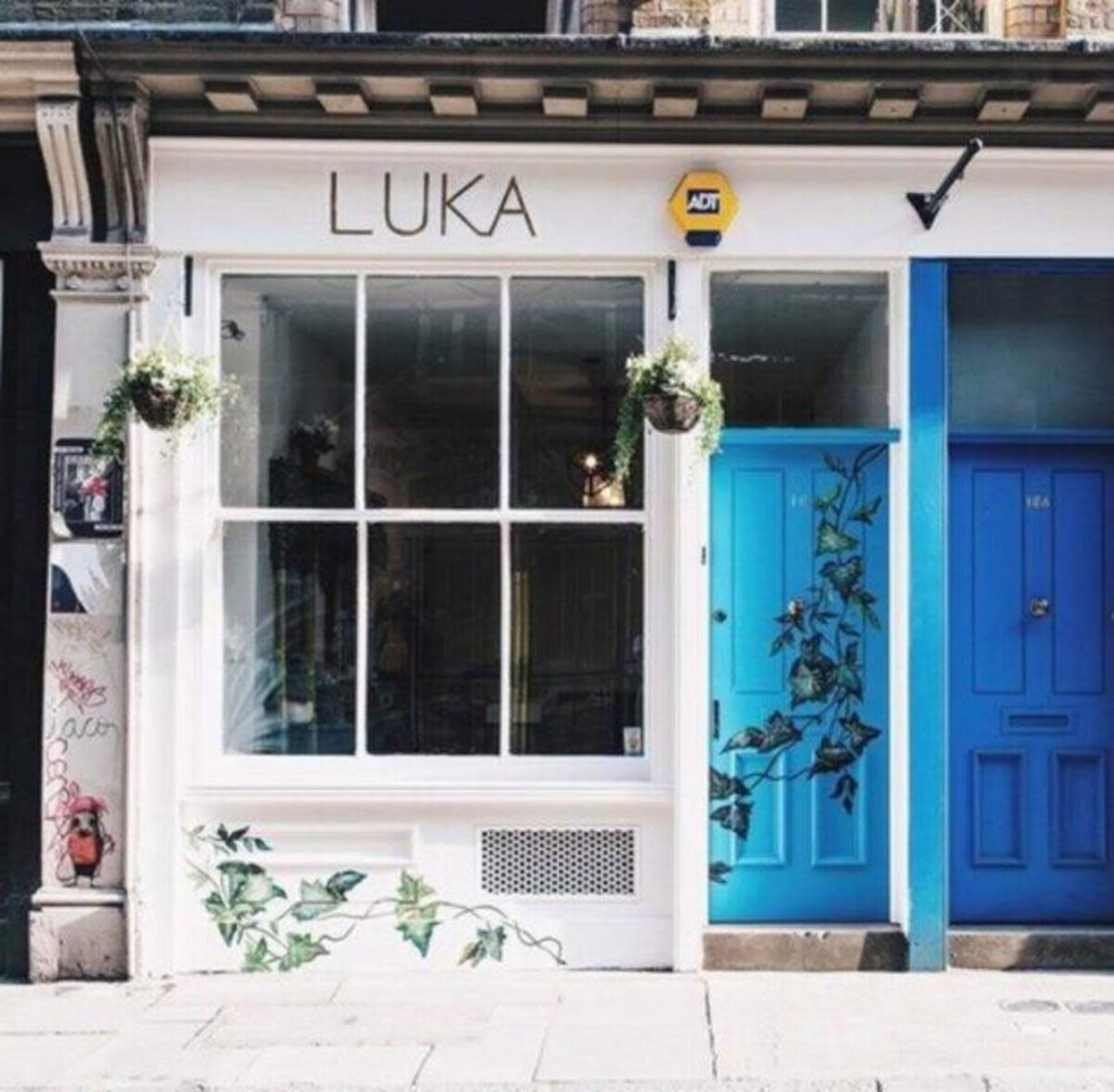 The image shows a café facade named "Luka" with large windows, hanging plants, and a vibrant blue door.