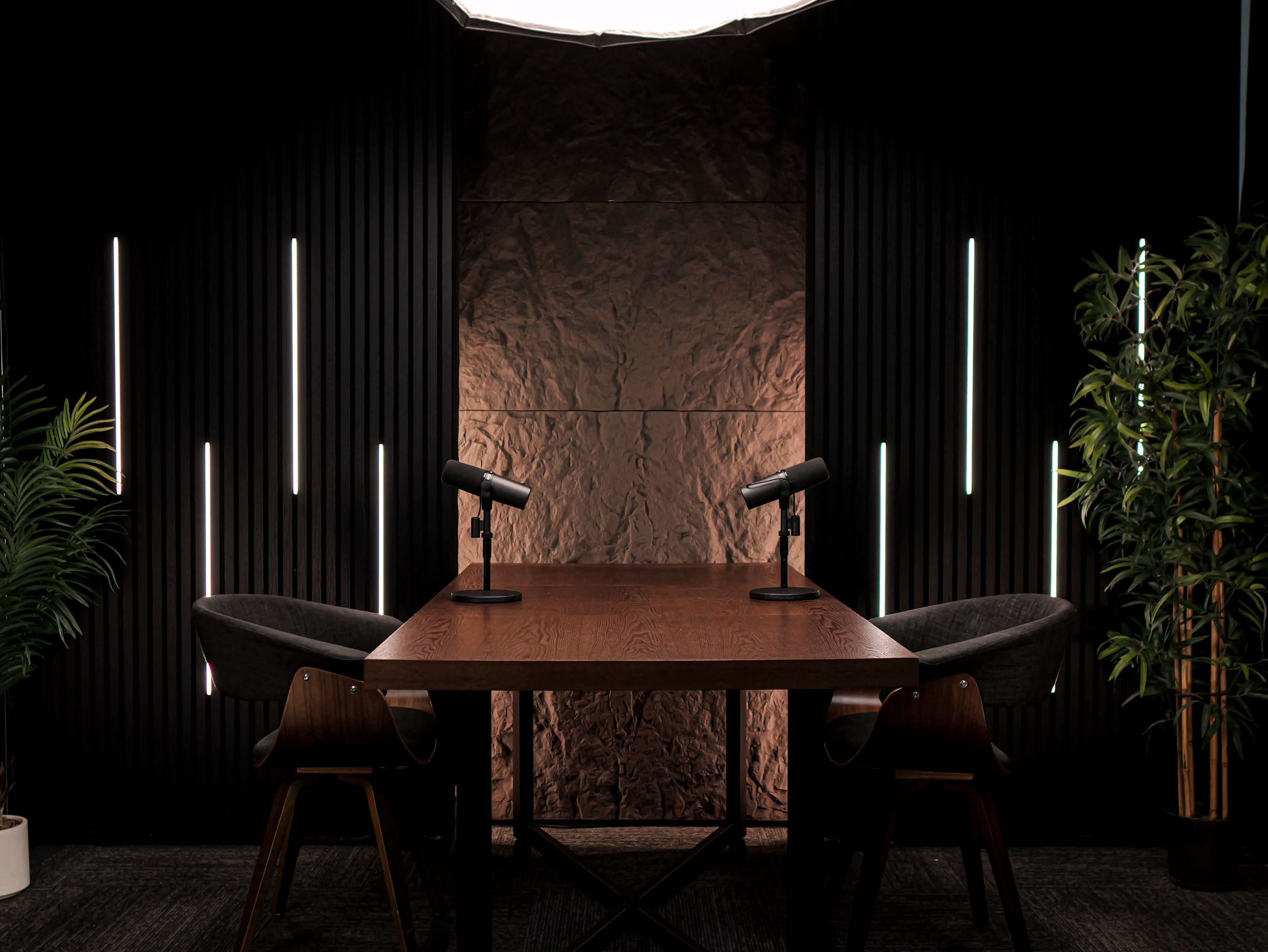 A modern conference room features a wooden table flanked by two microphones and stylish chairs, set against a textured wall with vertical lighting.