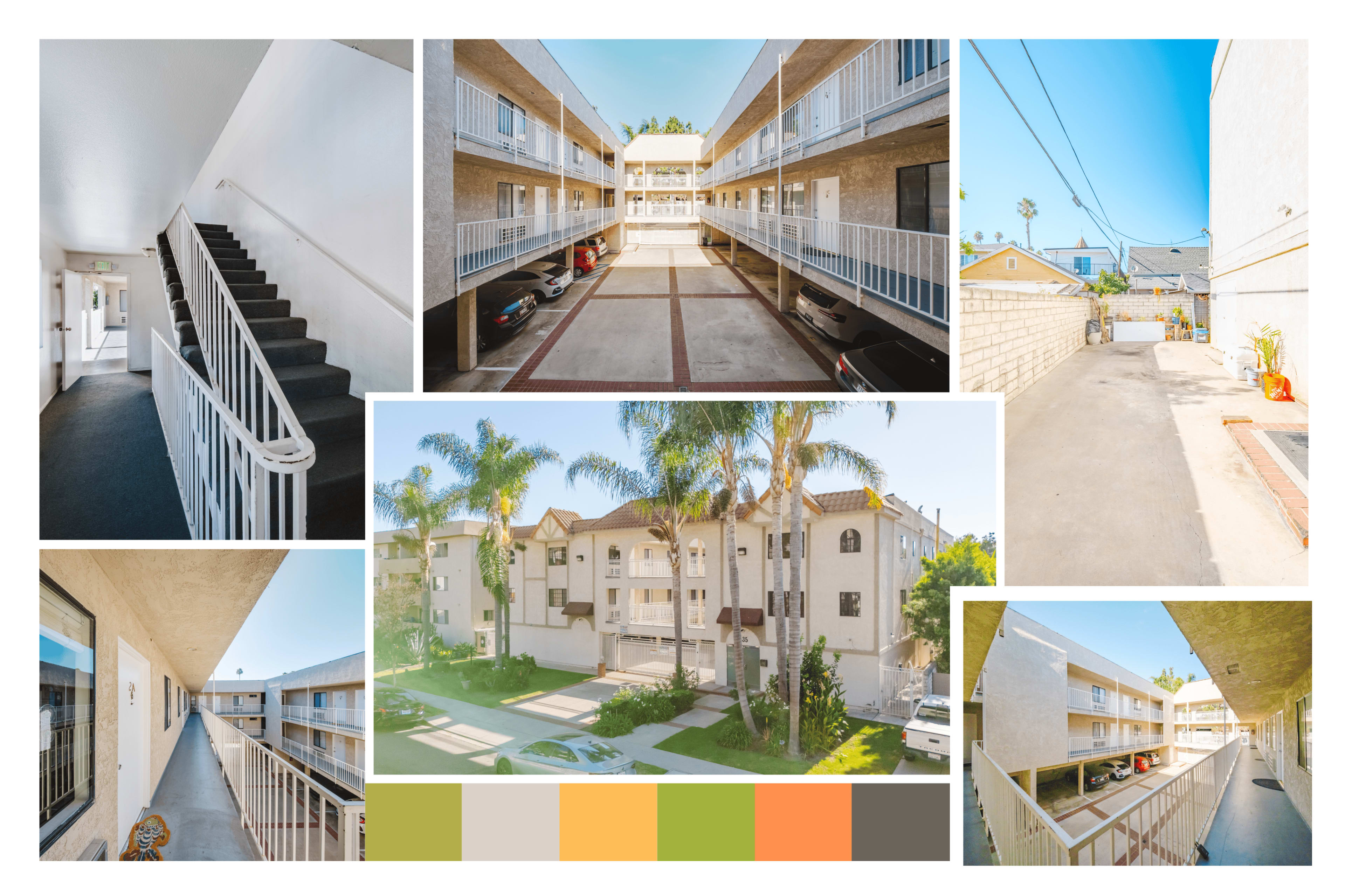 The image shows a multi-story apartment complex with a central courtyard, staircases, and palm trees surrounding the buildings.