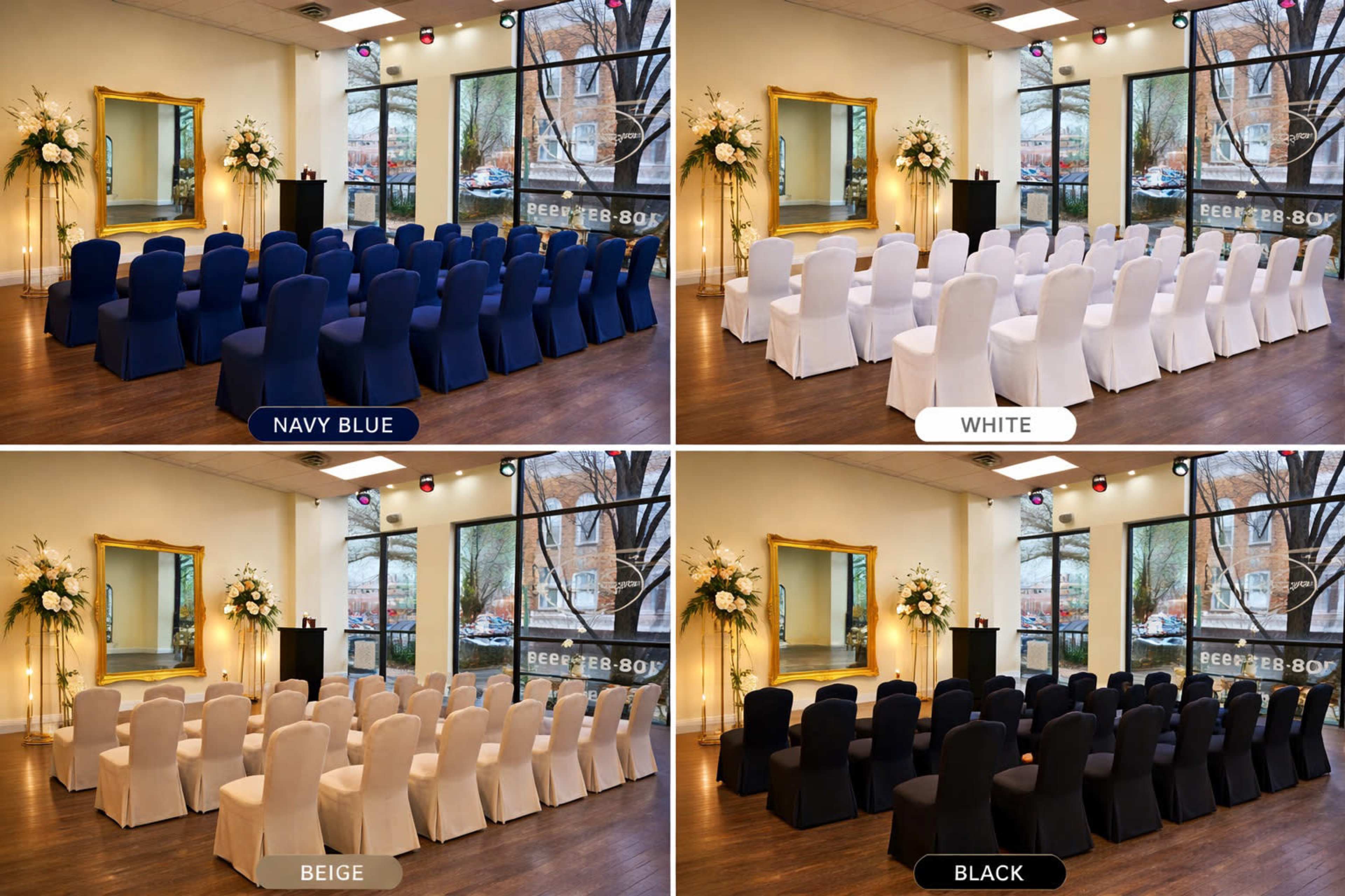 The image displays four arrangements of chairs in a room with large windows, featuring navy blue, white, beige, and black chair covers in a neat row format.