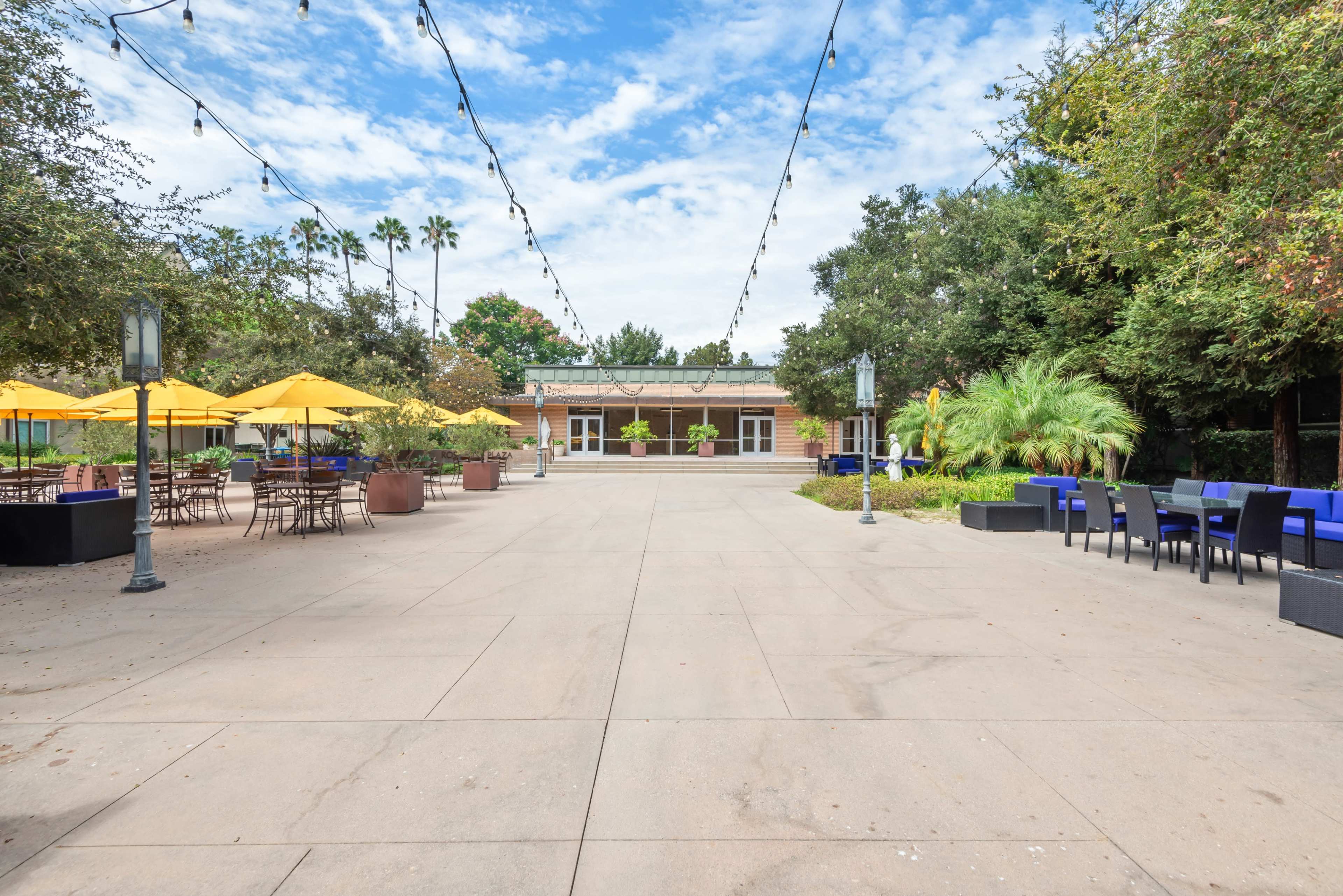 The image shows a spacious outdoor area with seating and yellow umbrellas surrounded by greenery and a building at the far end.