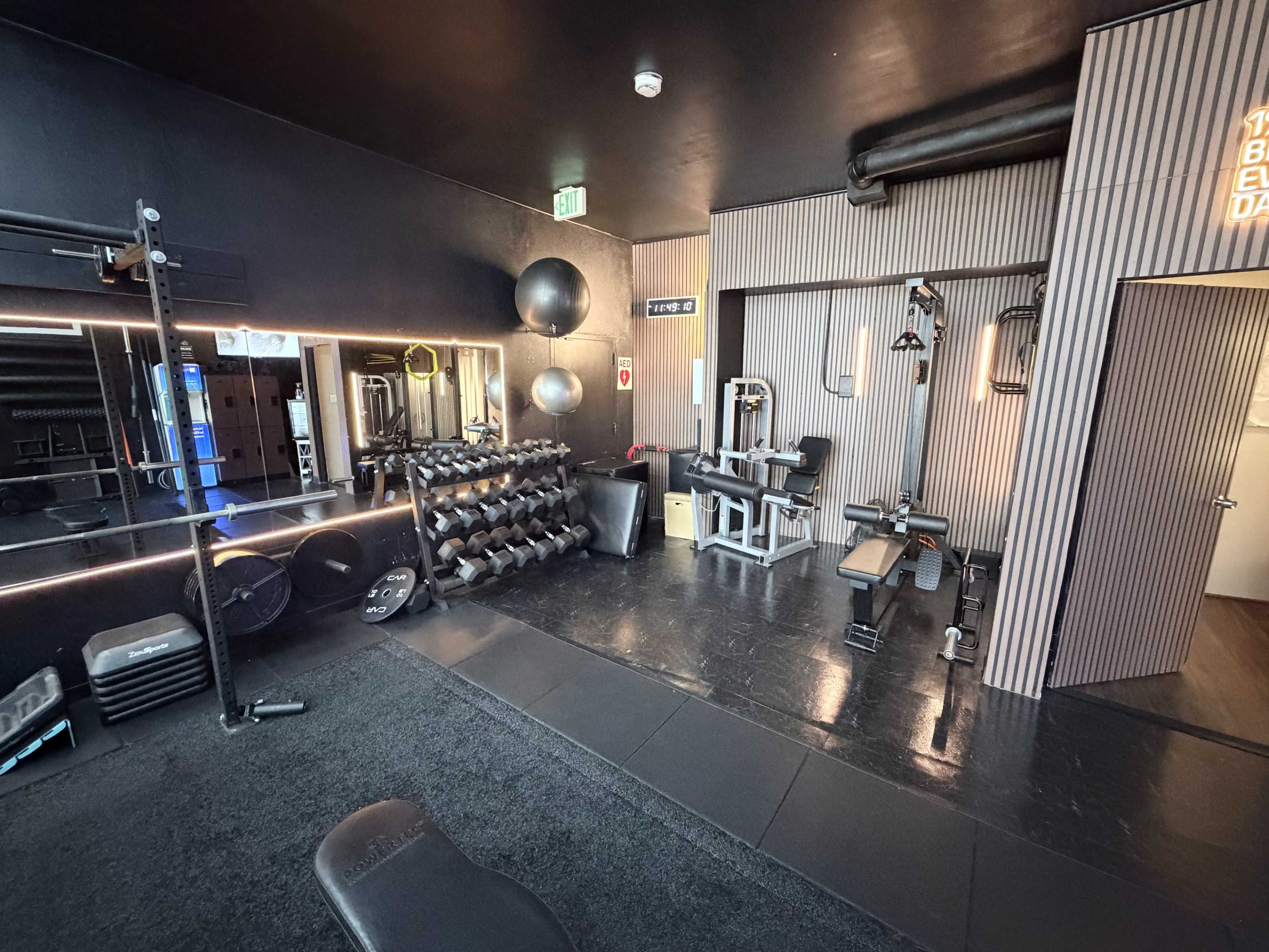 The image shows a fitness studio equipped with weights, a mirror, exercise balls, and workout machines in a dark, modern space.