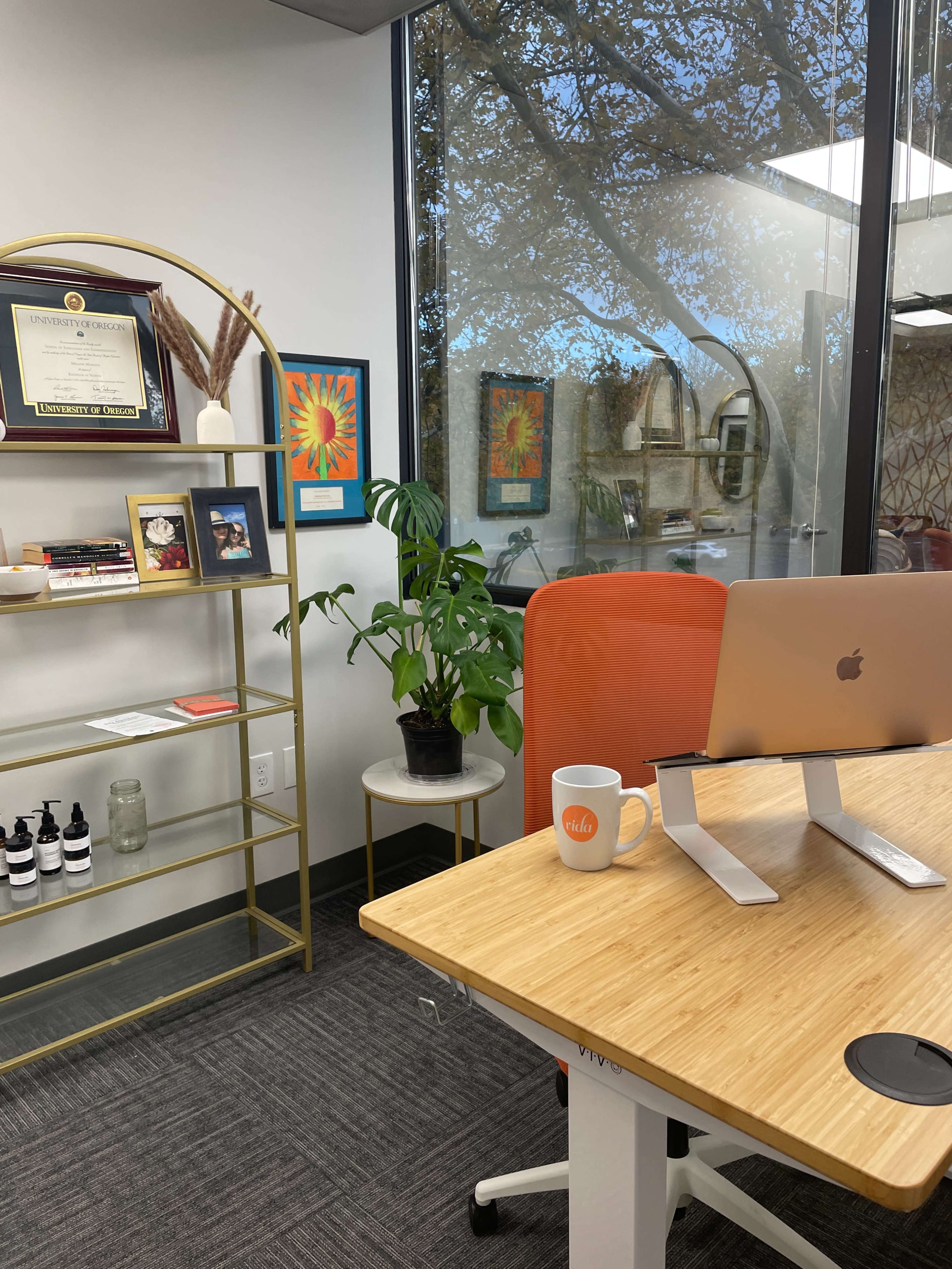 The image shows a modern office space featuring a wooden desk with a laptop on a stand, a bright orange chair, a bookshelf filled with various items, and large windows allowing natural light in, framed by indoor plants and artwork.