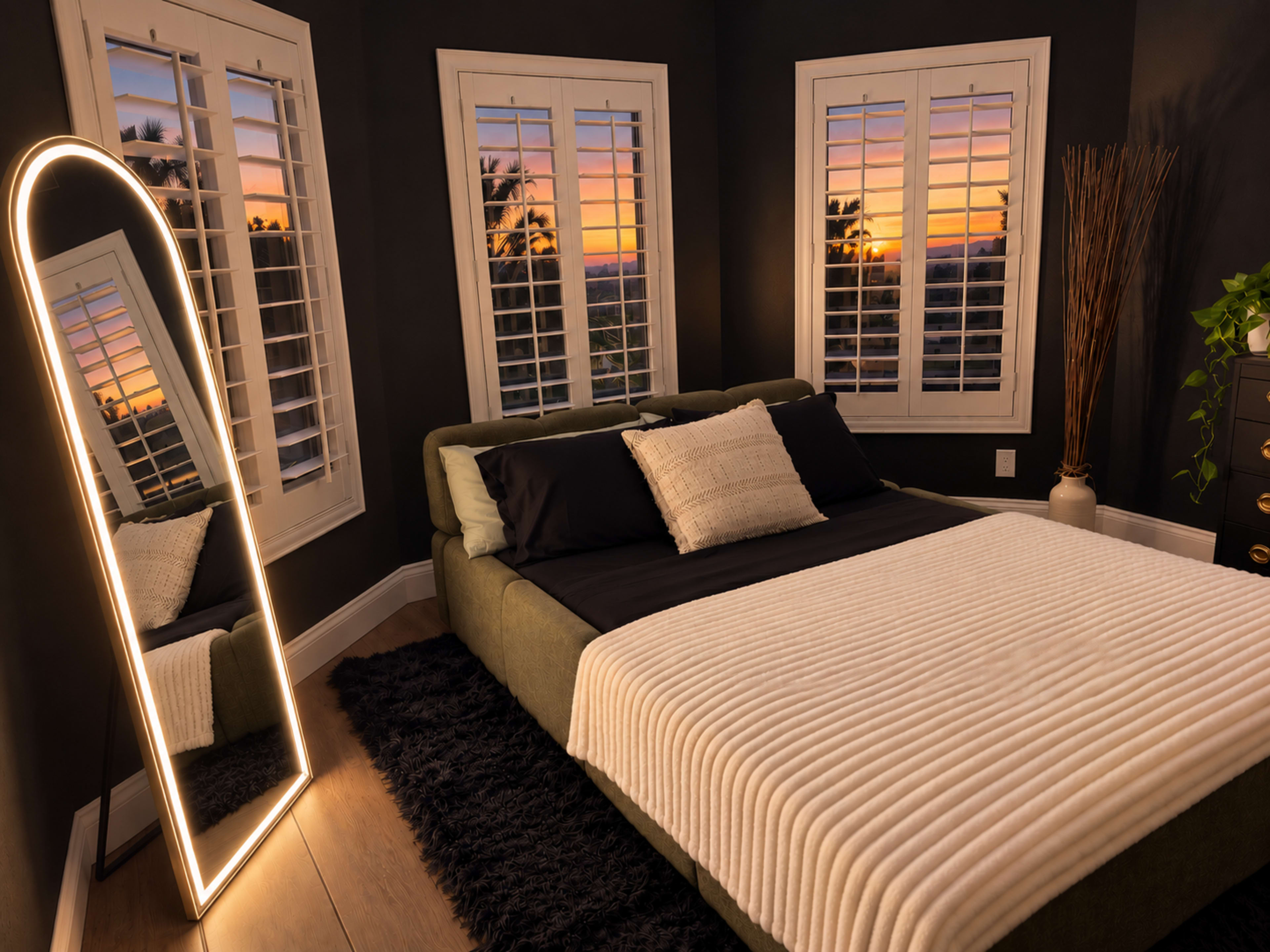 A modern bedroom features a green bed with a white blanket, large windows showcasing a sunset, and a tall, illuminated mirror in the corner.