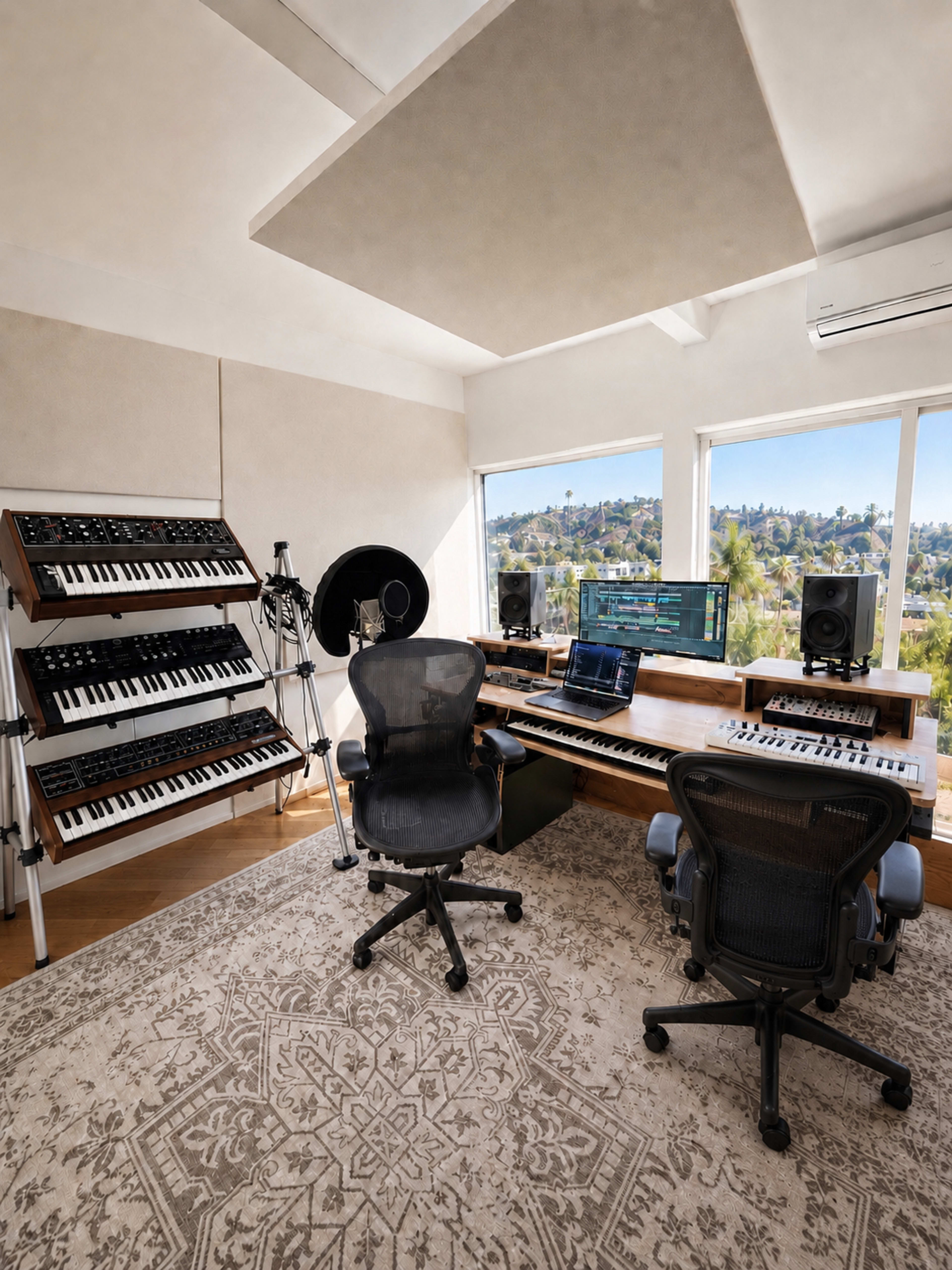 The image depicts a modern music studio featuring multiple synthesizers, a digital audio workstation setup, and large windows overlooking a scenic view.