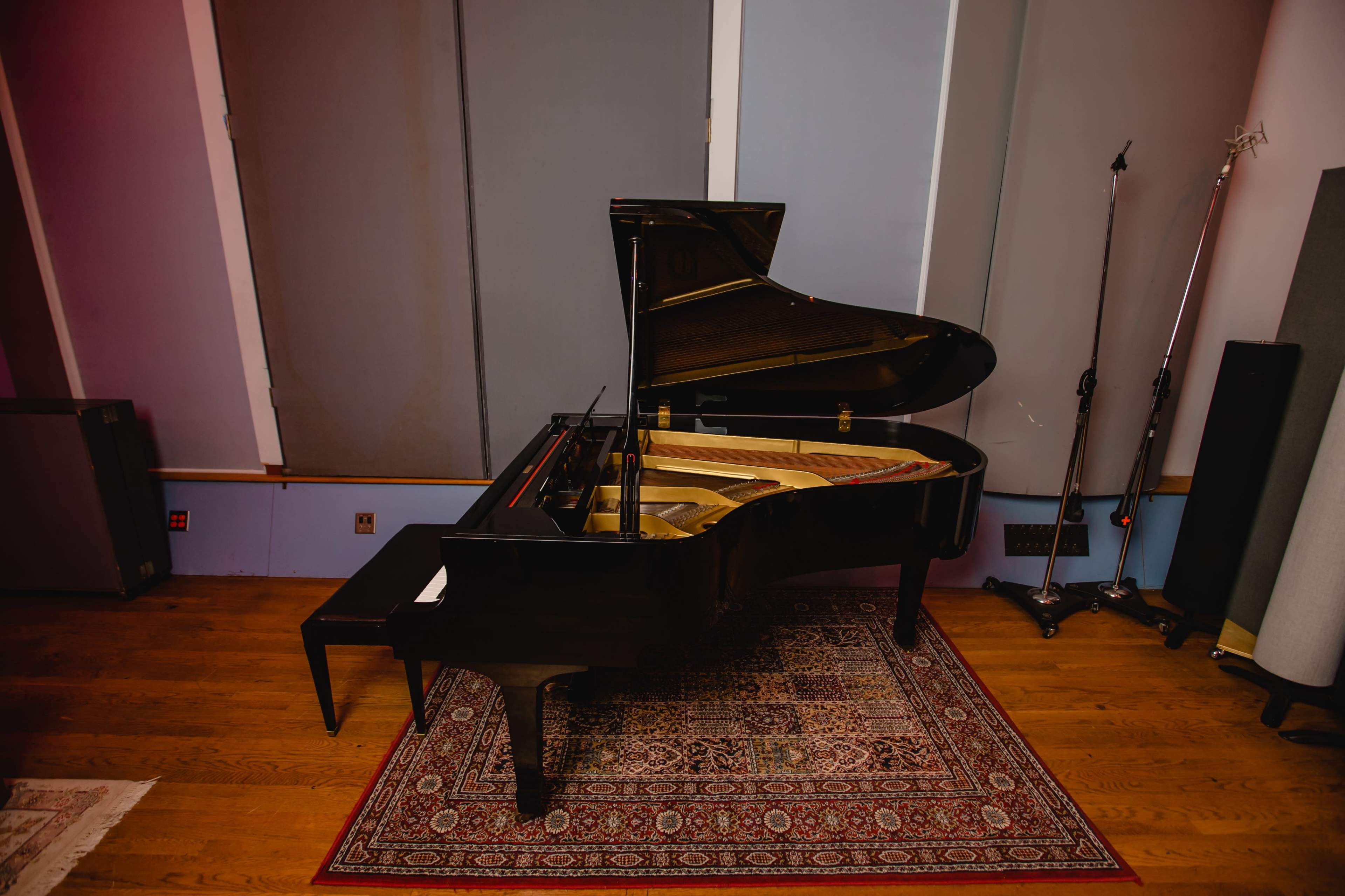 A black grand piano is positioned on a wooden floor, accented by a patterned rug, in a sound studio with muted wall colors.