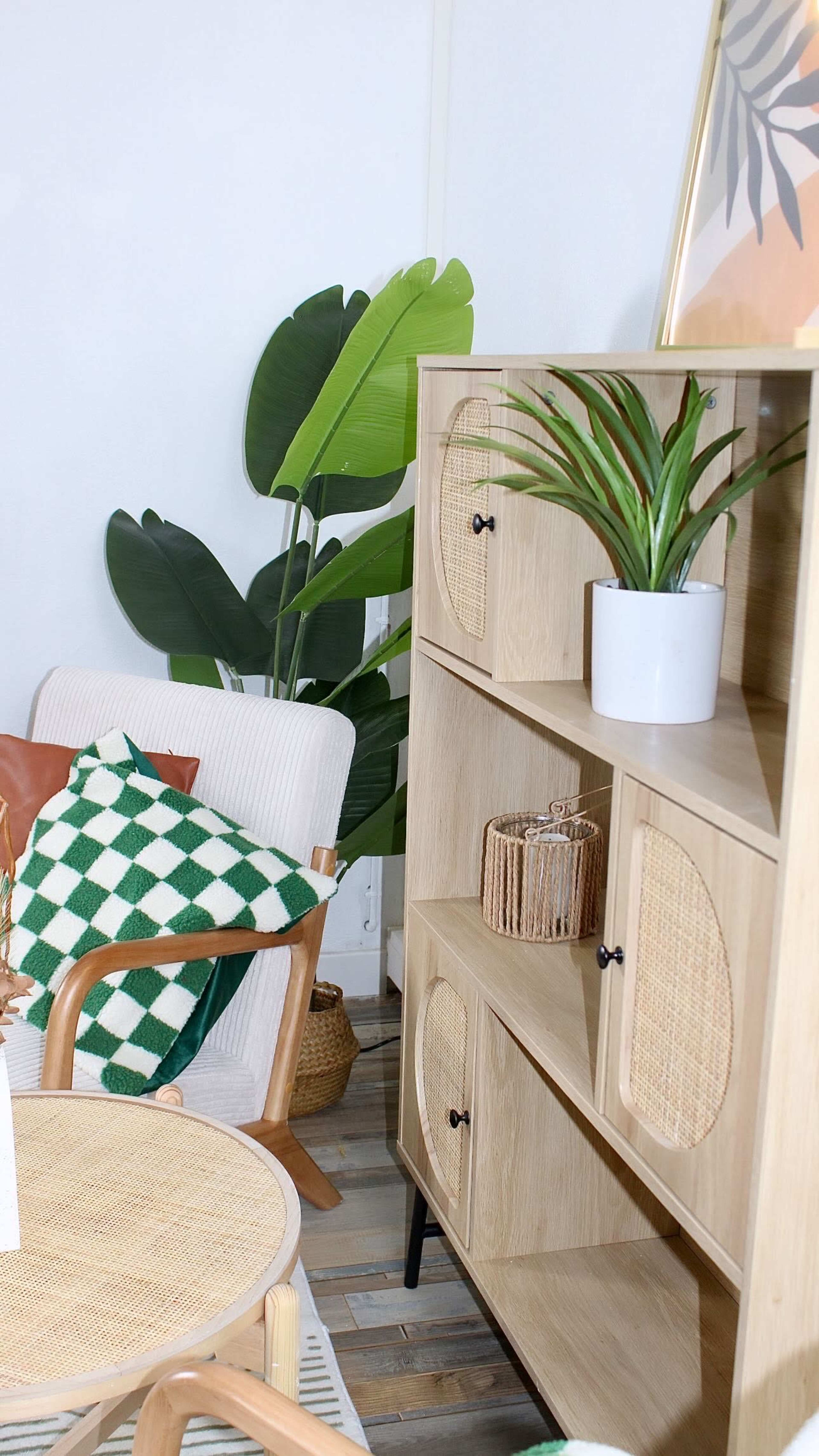 The scene features a cozy interior with a wooden shelf displaying decorative items, a potted plant, and a comfortable chair draped with a green and white patterned blanket.