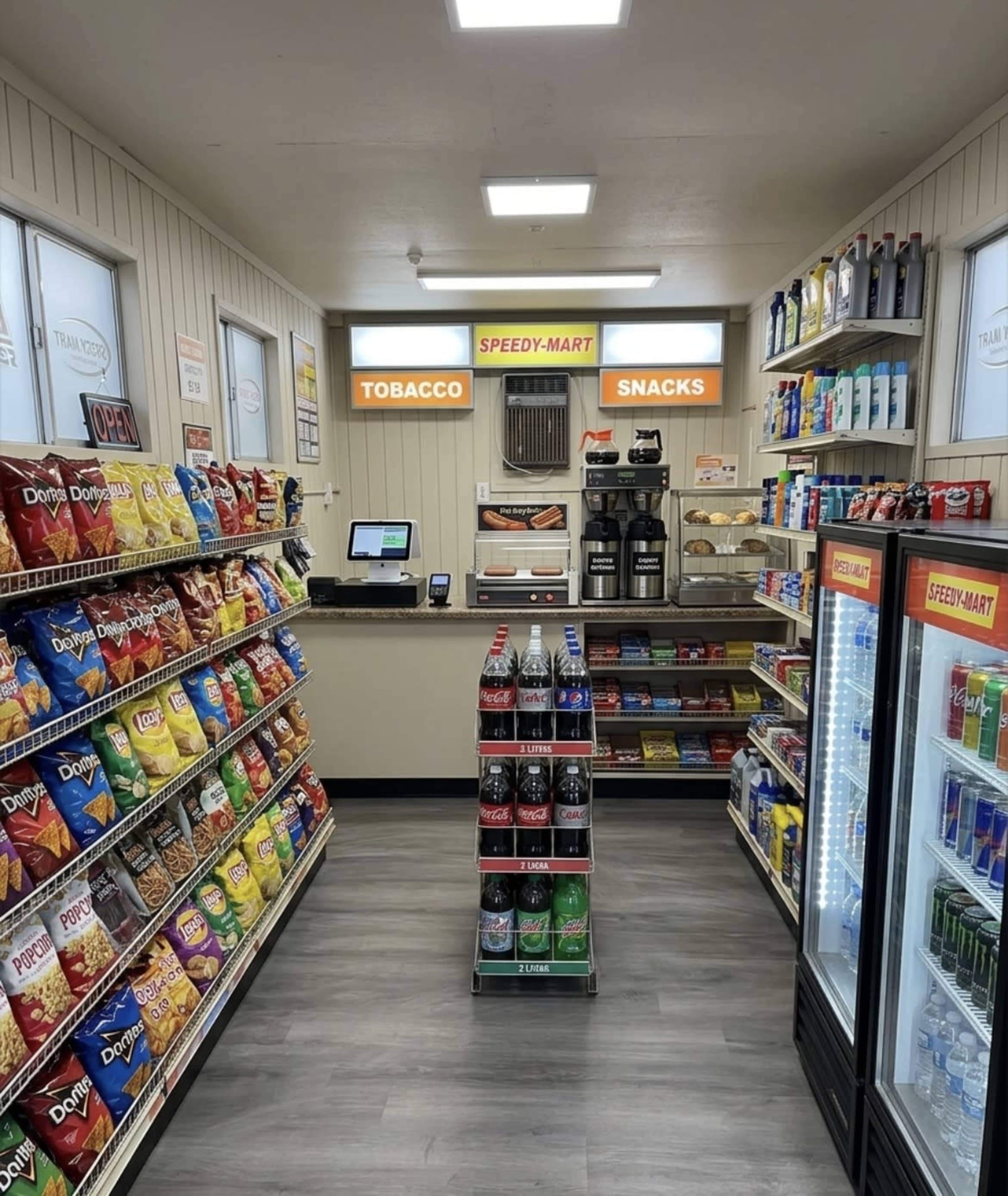 The image shows the interior of a convenience store with aisles of snacks on both sides and a counter at the end featuring beverages and a point-of-sale system.