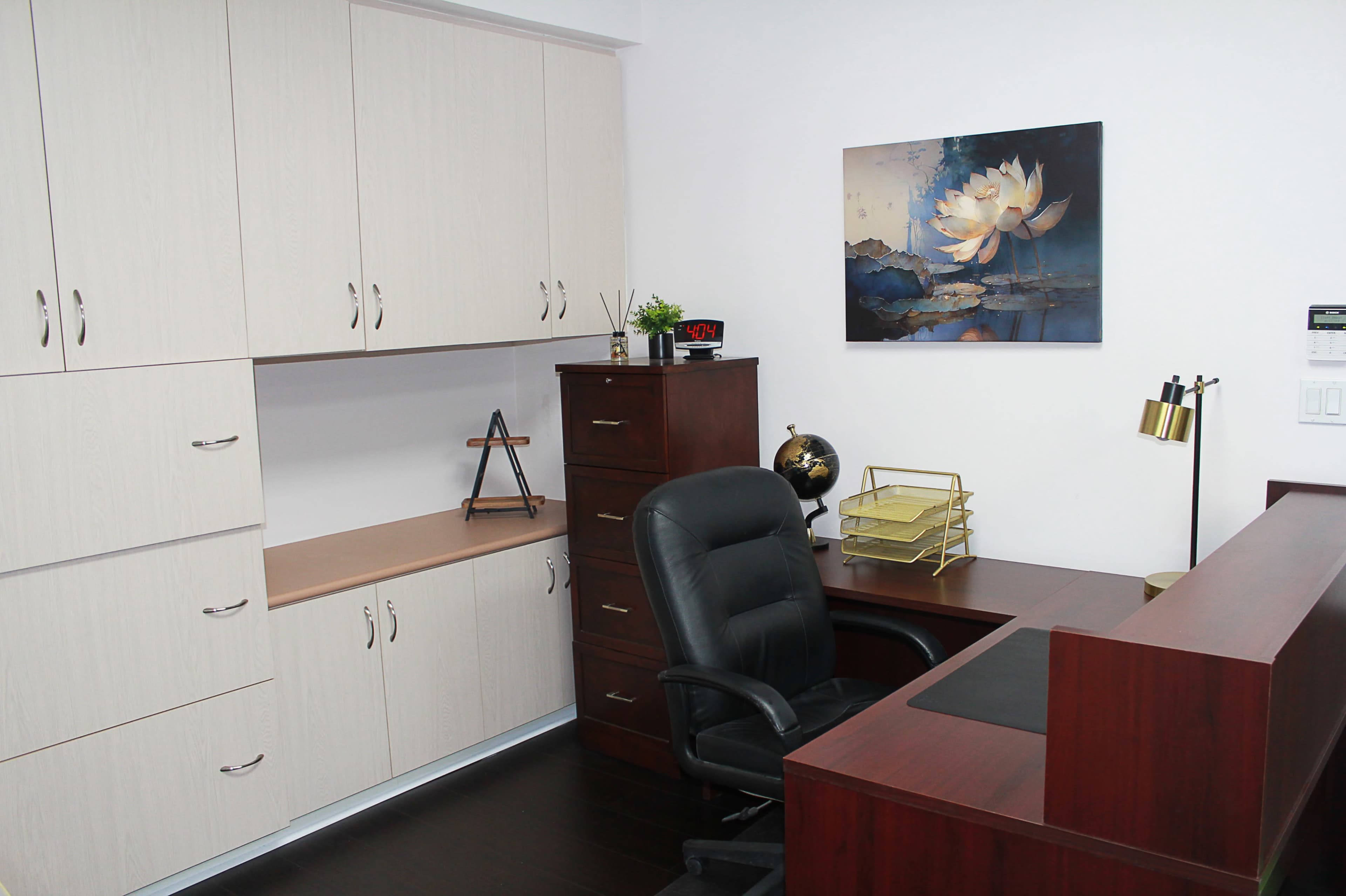 The image shows a modern office space with light wood cabinets, a dark wooden desk with an office chair, and a wall-mounted artwork featuring a lotus flower.