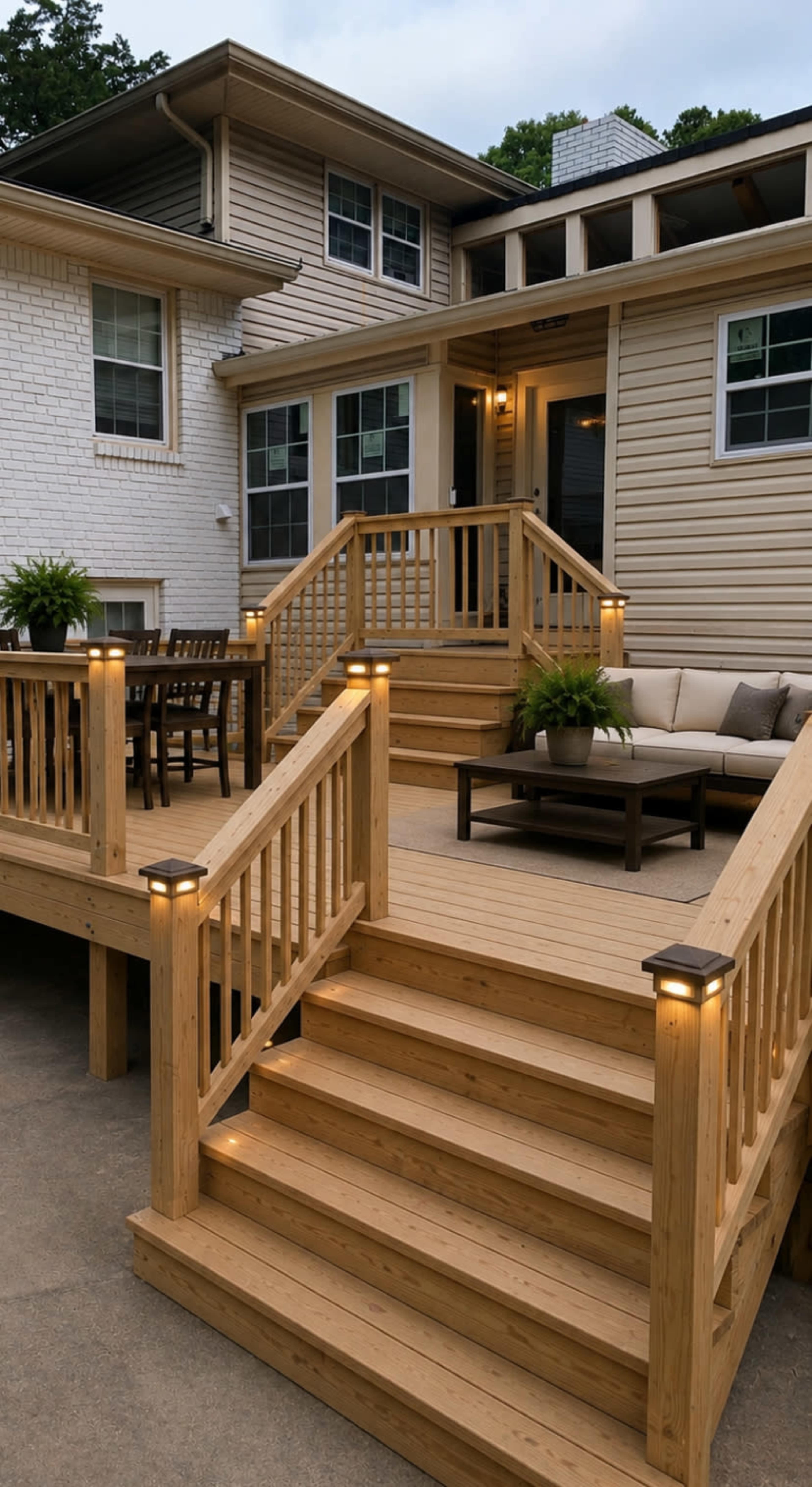The image shows a wooden deck with stairs leading up to a house, featuring outdoor furniture and decorative lights along the railings.