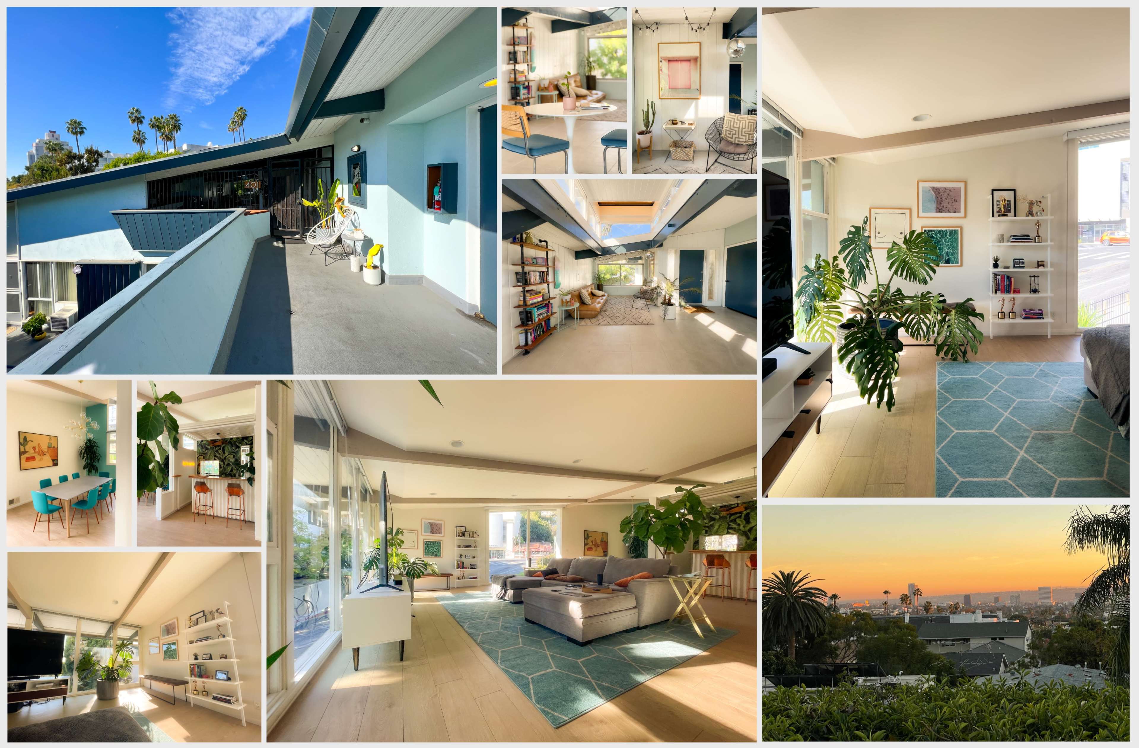 A modern interior space with large windows, light-colored walls, various plants, and furniture arrangements in a California-style home.