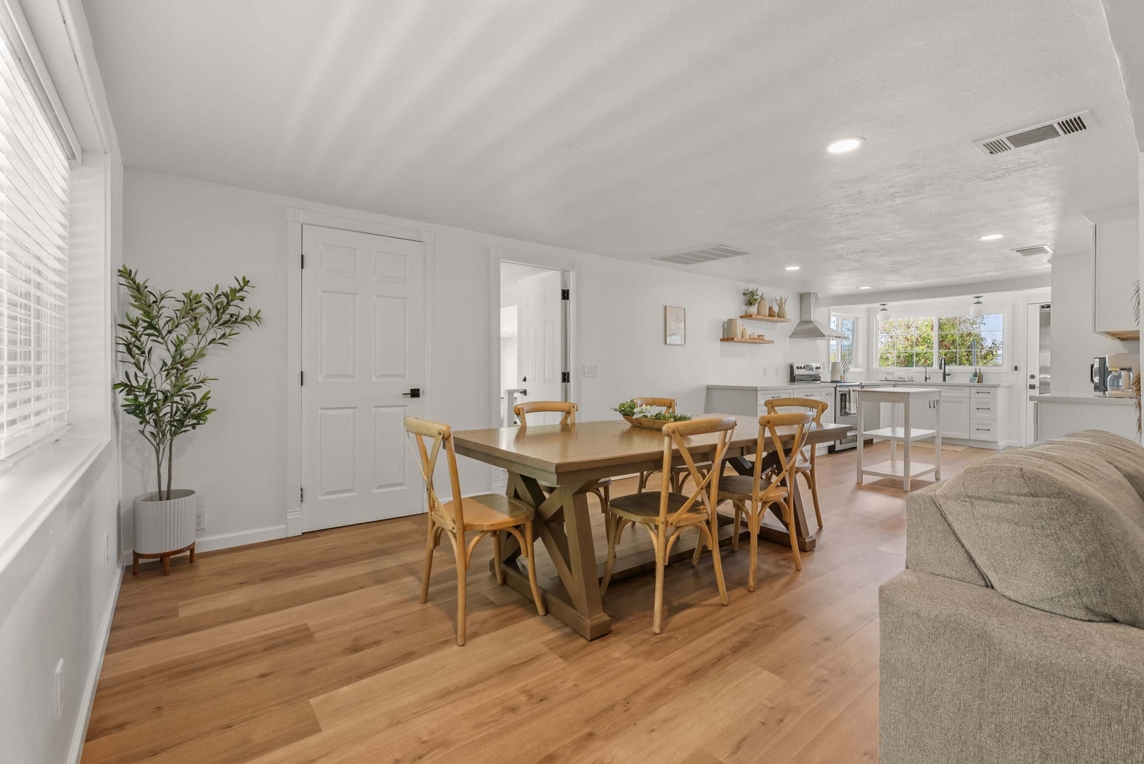 The image shows a bright, open-concept room featuring a dining table with chairs, a potted plant, and a kitchen visible in the background.