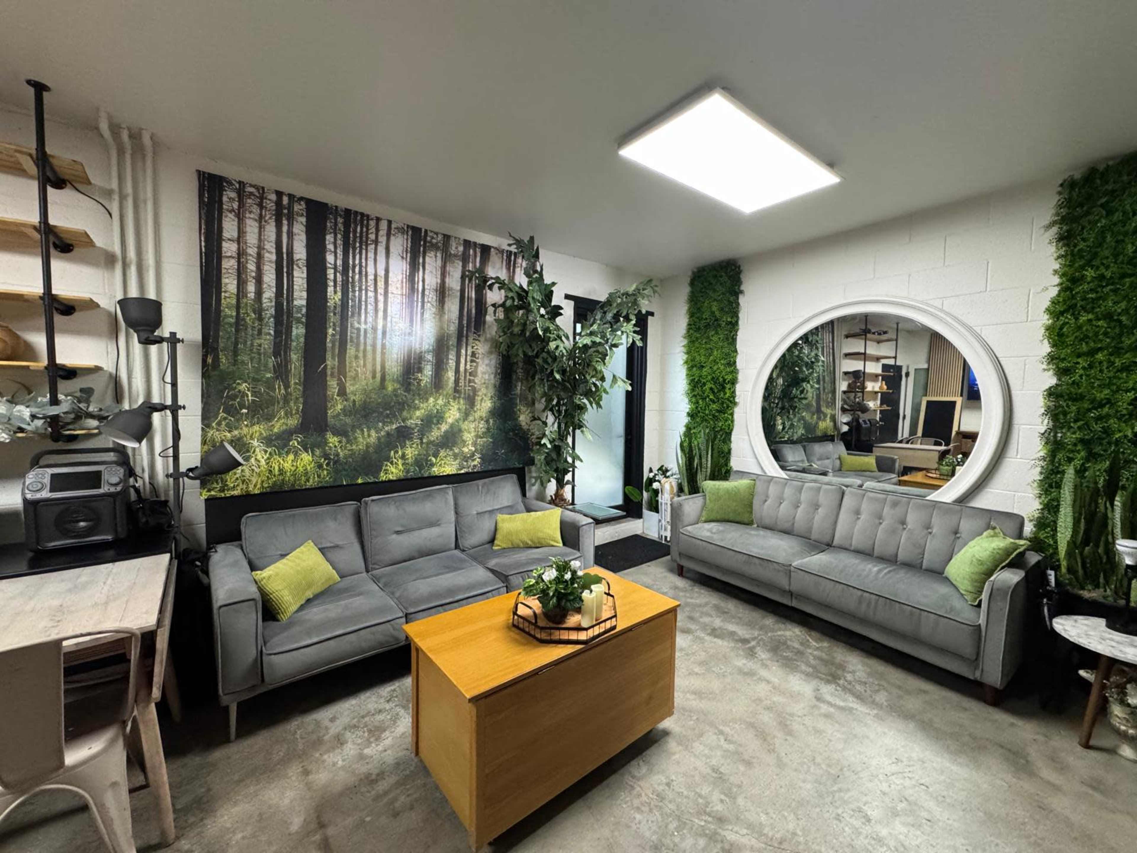 The image shows a modern lounge area with two gray sofas, a wooden coffee table, green cushions, and a nature-themed wall mural, surrounded by potted plants.