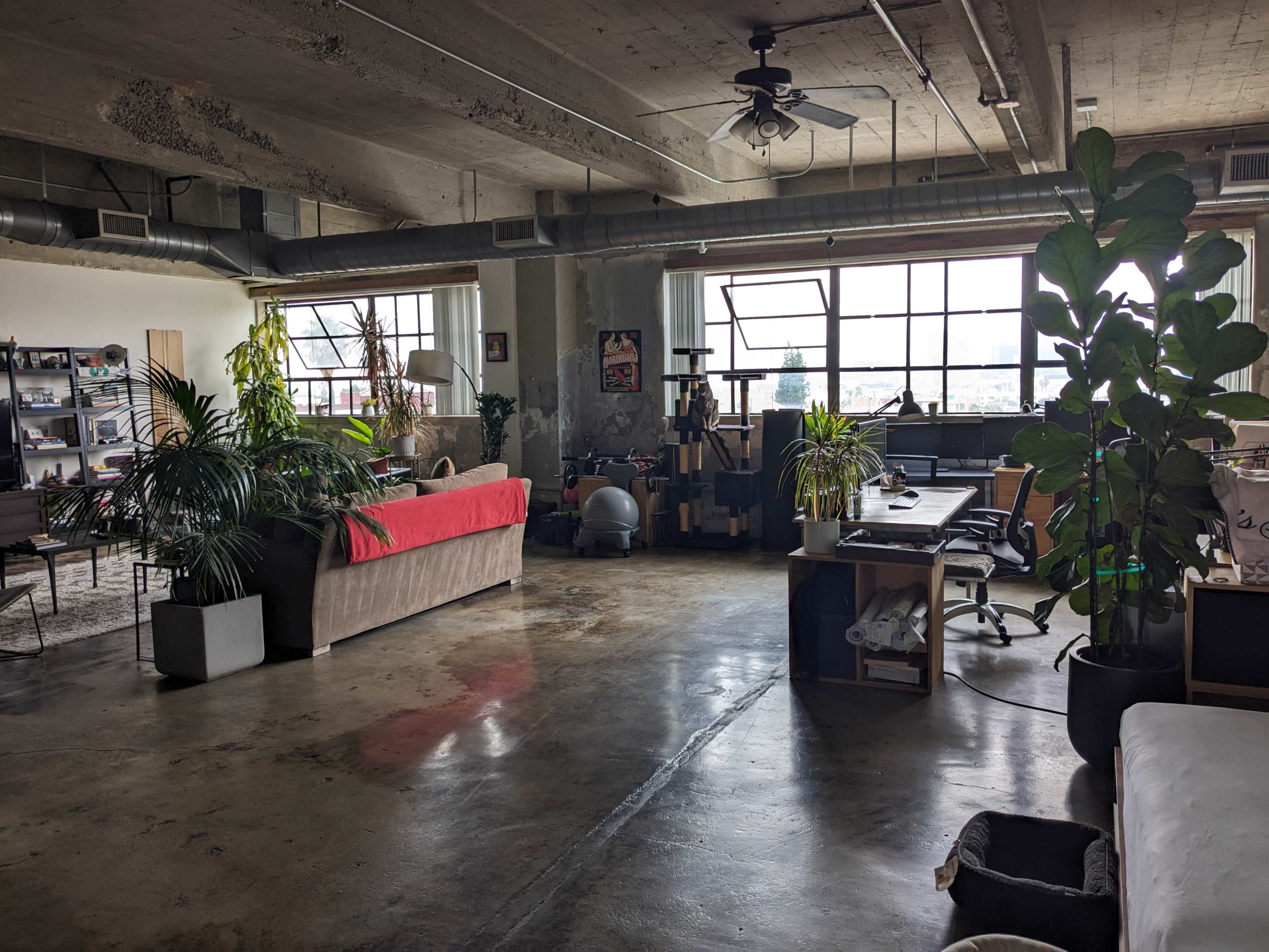 An industrial-style loft with large windows, a workspace featuring a desk and office chair, and various indoor plants throughout the room.