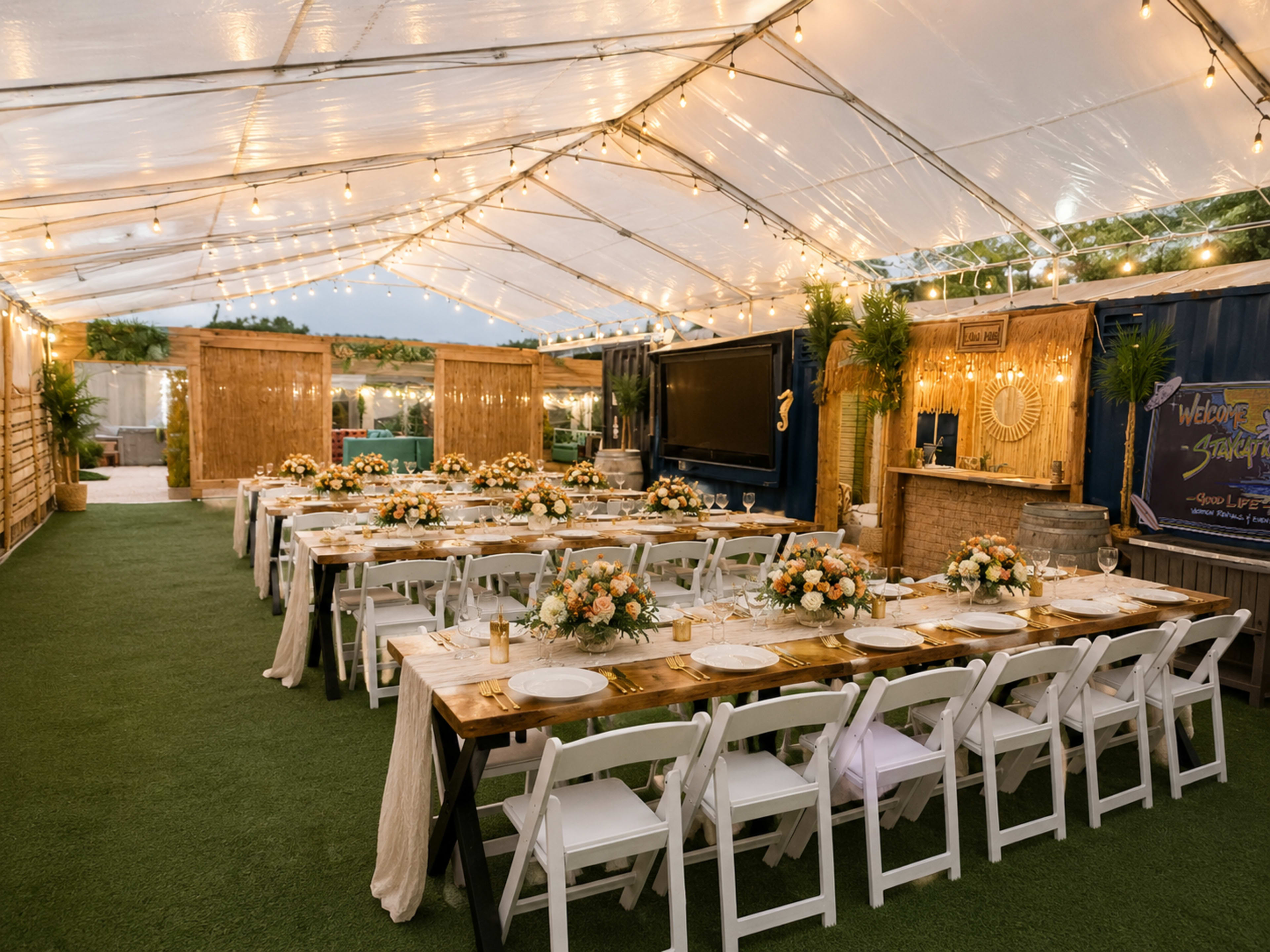 The image shows a beautifully arranged outdoor wedding reception under a tent, with long tables set with floral centerpieces and string lights overhead.