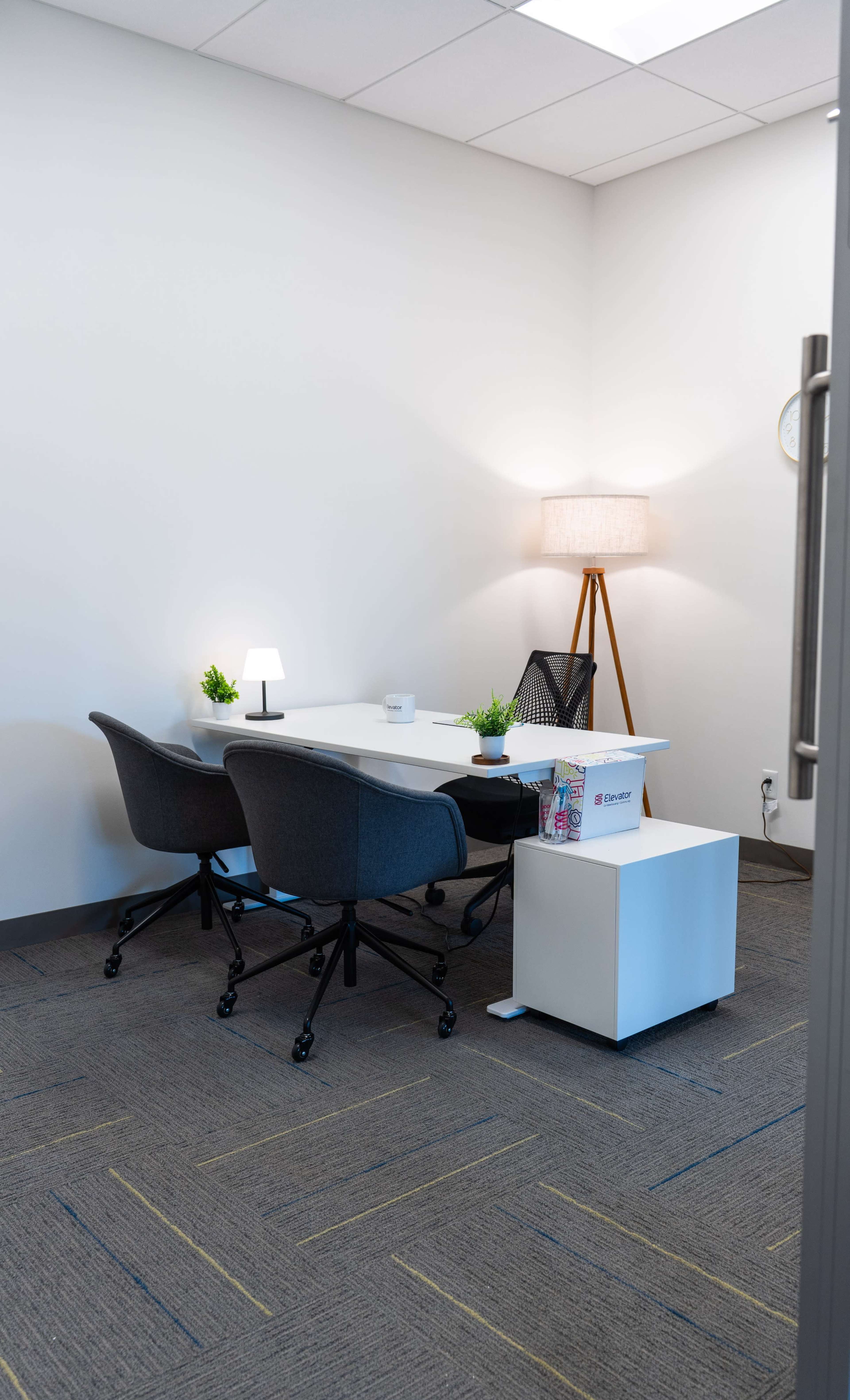 A small office space features a white table with two gray chairs, a floor lamp, and a potted plant, creating a neat and organized environment.