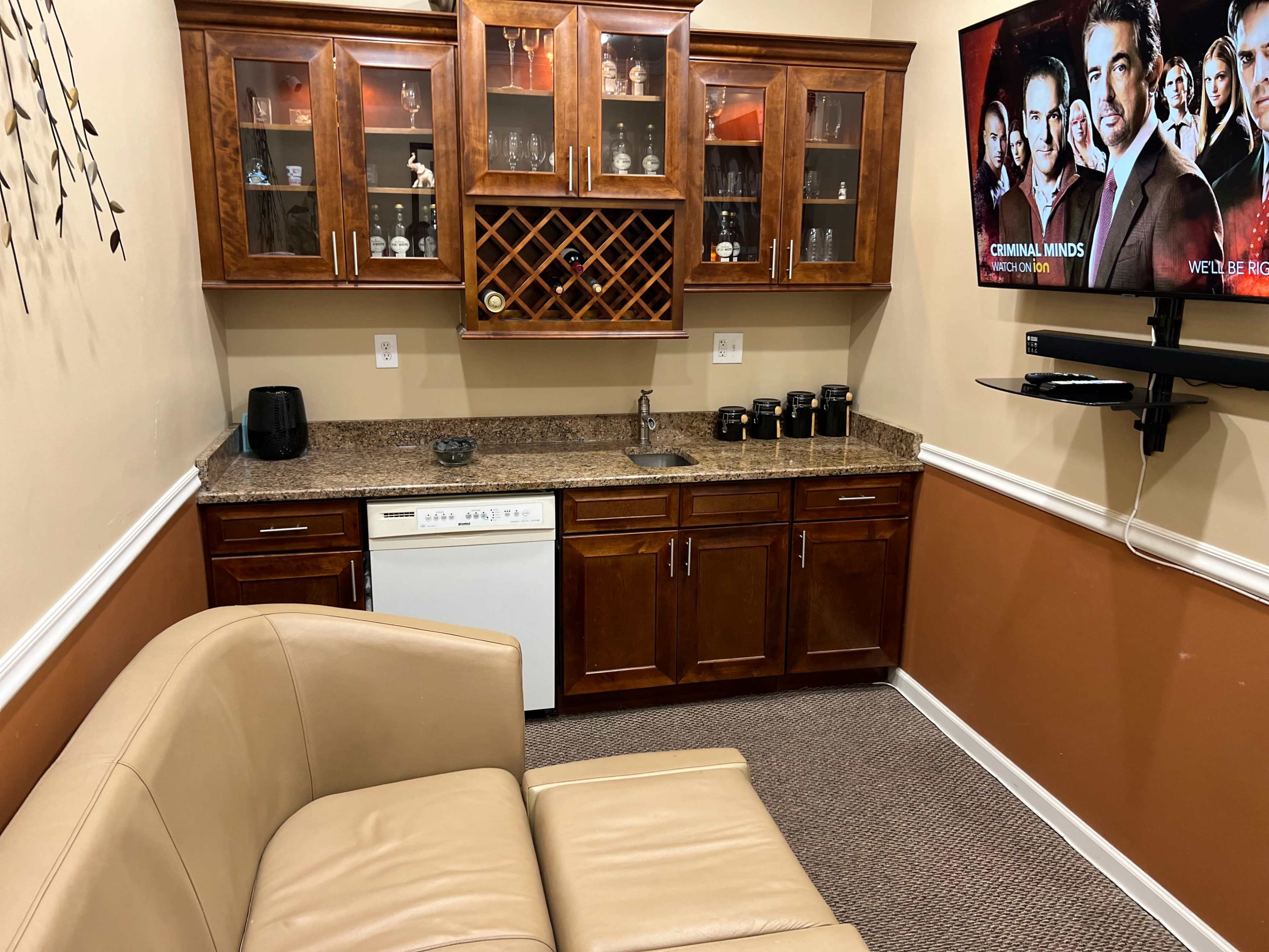 The image shows a small room with a kitchenette featuring wooden cabinets, a sink, a dishwasher, and a couch facing a wall-mounted television.