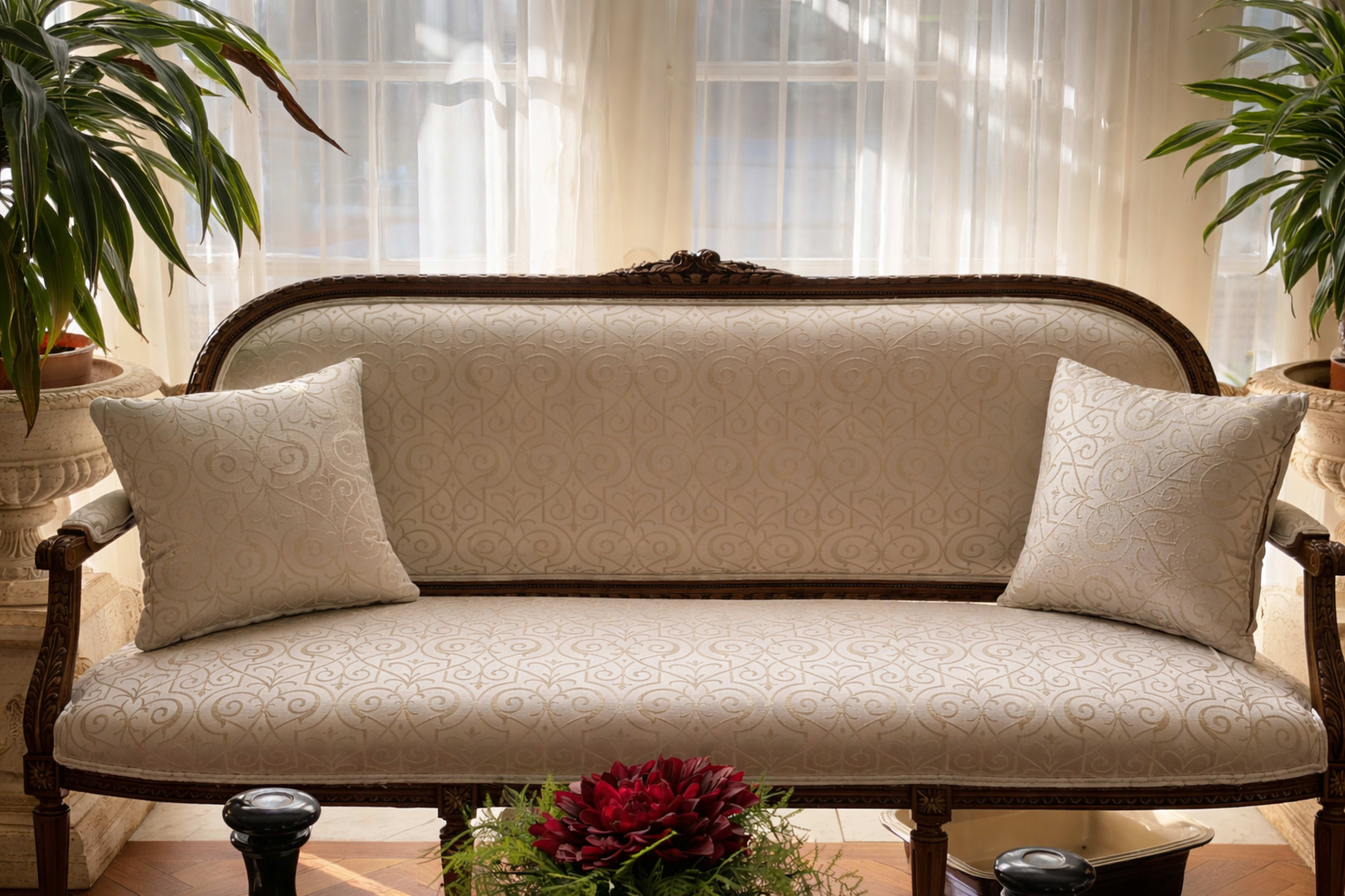 A vintage-style sofa with decorative cushions is positioned in front of large windows, surrounded by indoor plants.