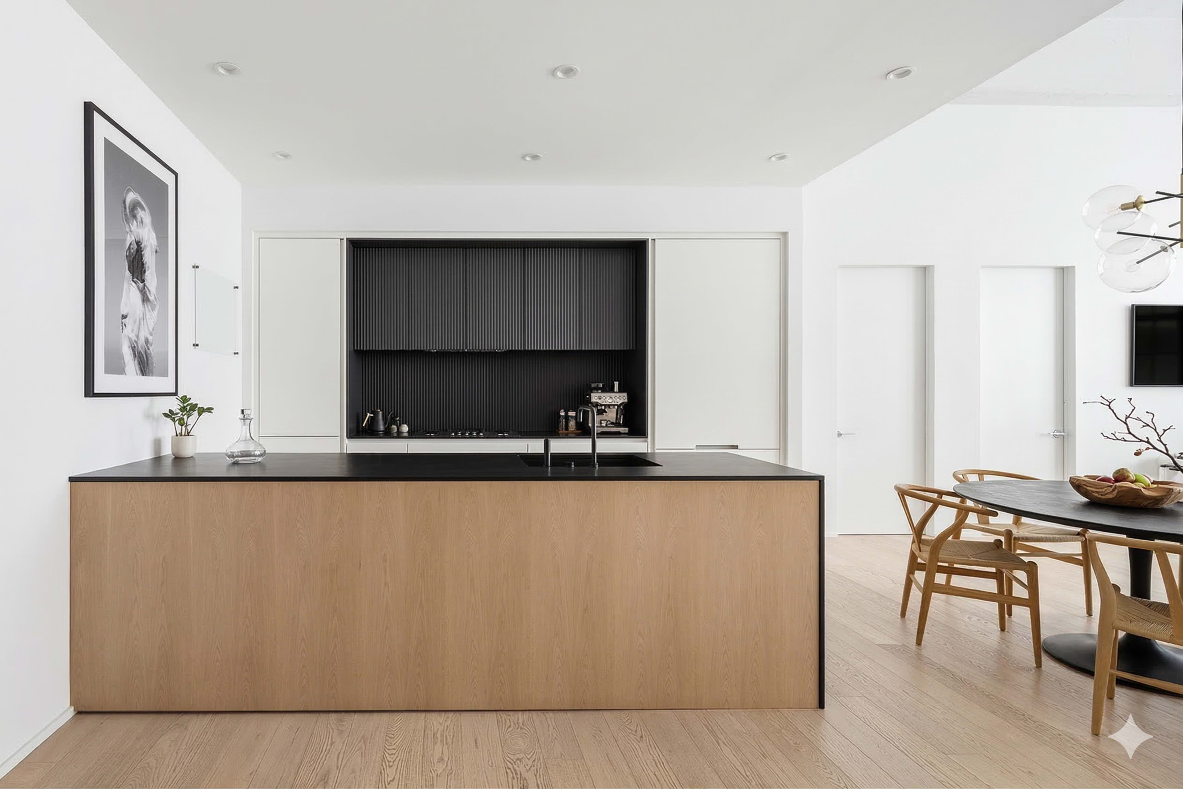 The image shows a modern kitchen with an island featuring a dark countertop and a combination of light and dark cabinetry, along with a dining area that includes a wooden table and chairs.