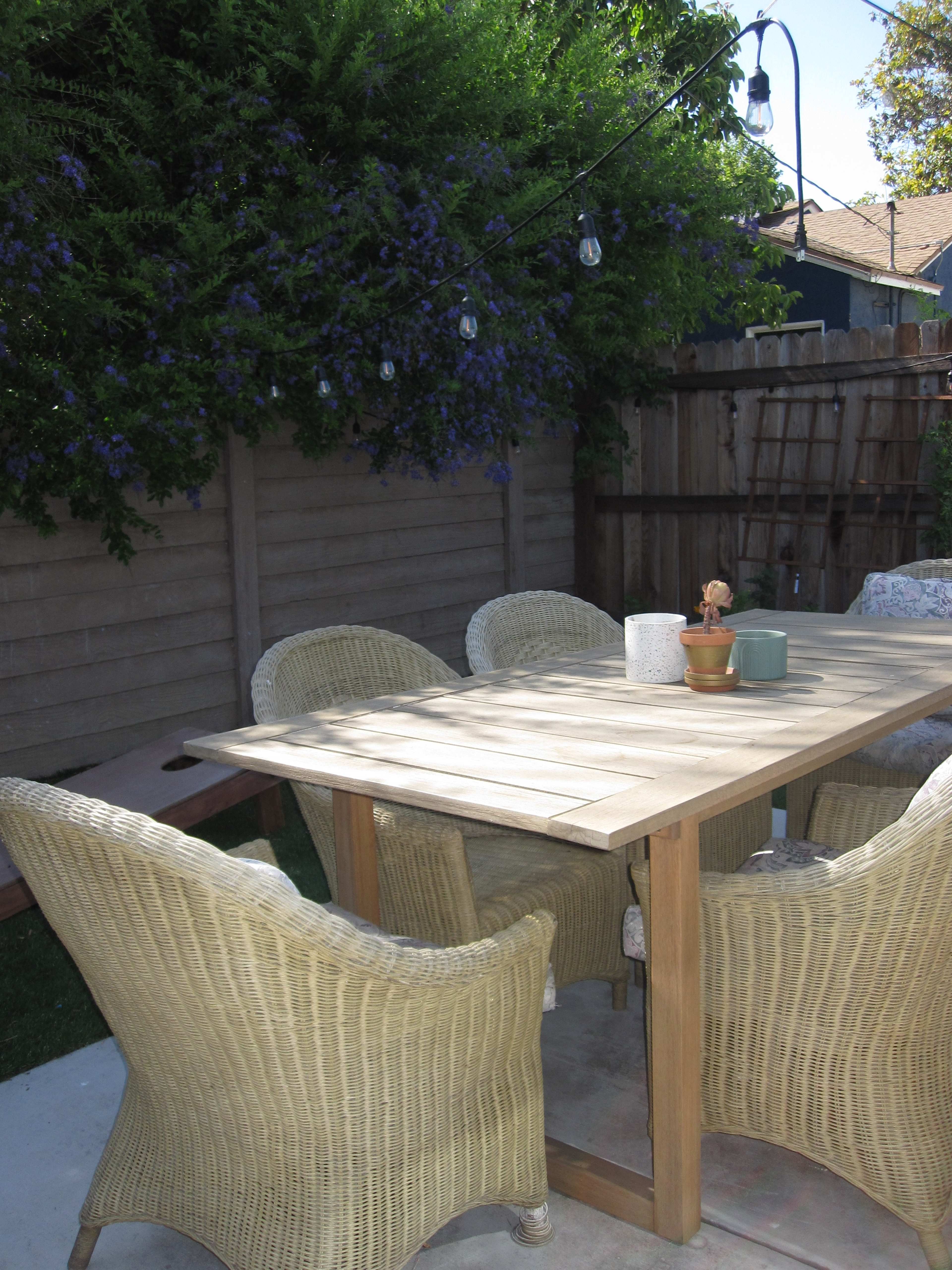 A wooden table surrounded by four wicker chairs is set in a backyard with a green wall and hanging light bulbs.