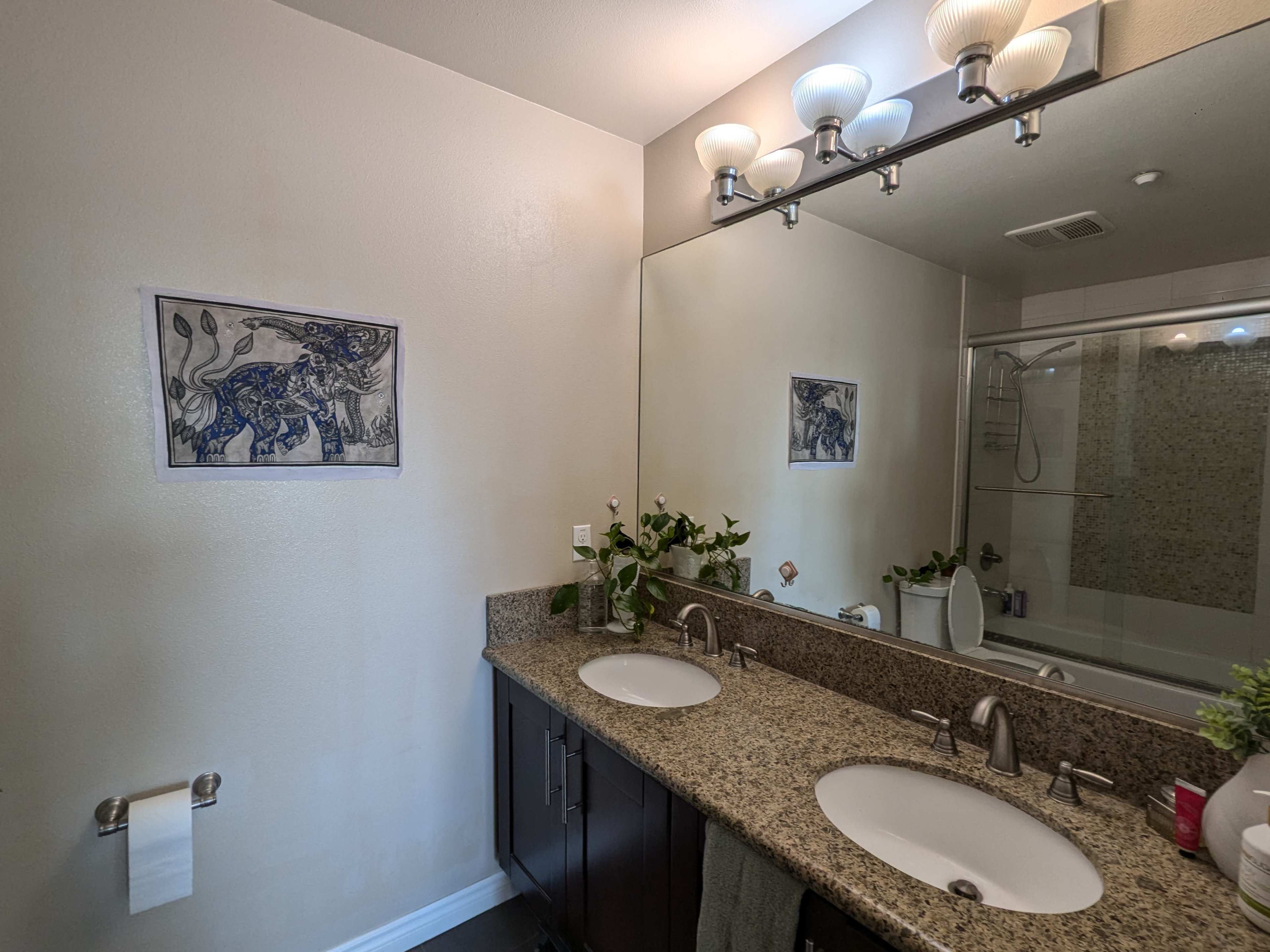 The image shows a bathroom with a double vanity, granite countertops, a large mirror, and a shower area, decorated with a framed artwork and some potted plants.