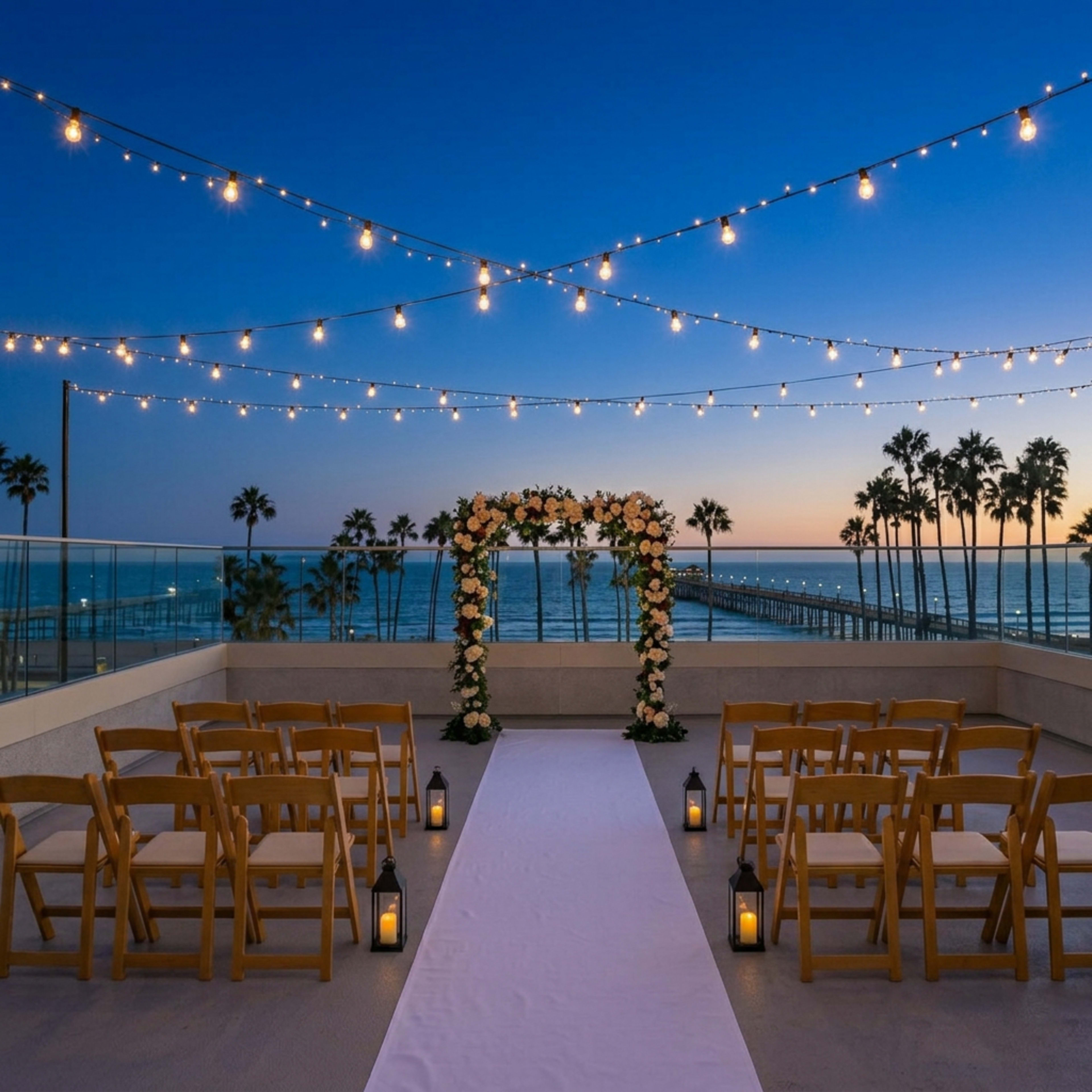 A wedding ceremony setup features wooden chairs facing a floral arch, with lights strung overhead against a backdrop of a beach and pier at sunset.