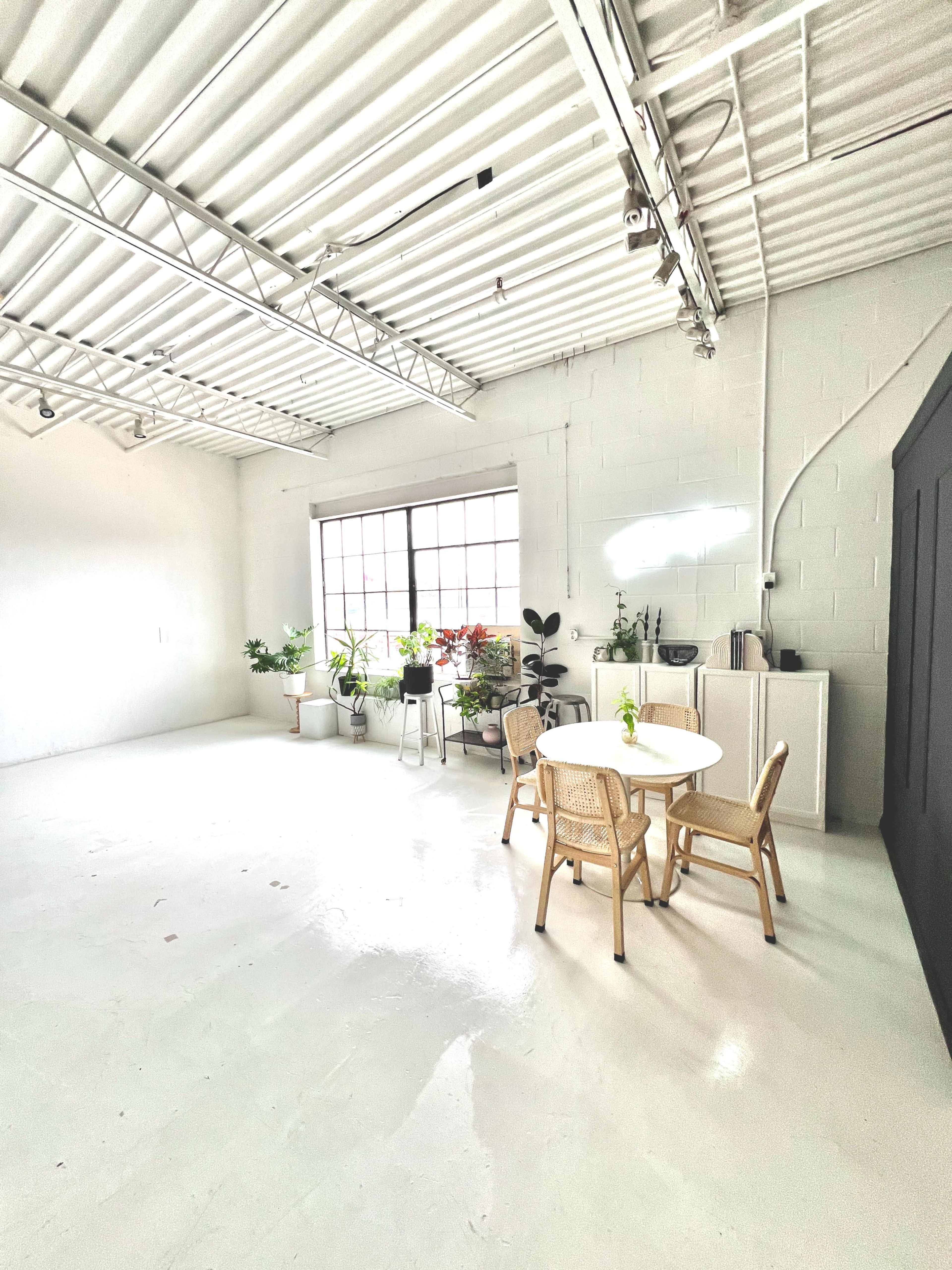 A spacious, minimally decorated room features a round table with four chairs surrounded by various potted plants near a large window.