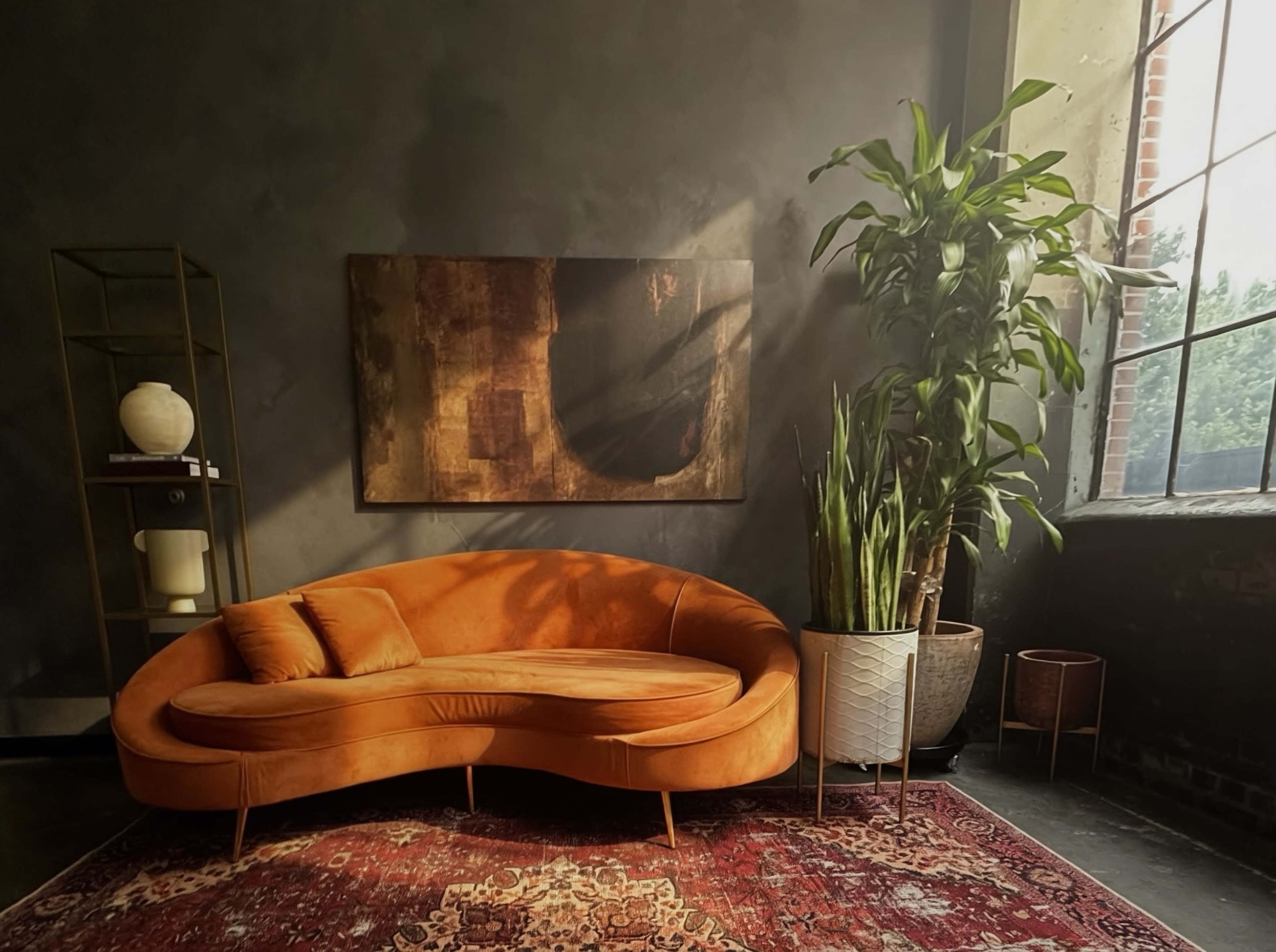 A curved orange sofa is positioned on a patterned rug in a room with a large window, a tall plant, and an abstract painting on the wall.