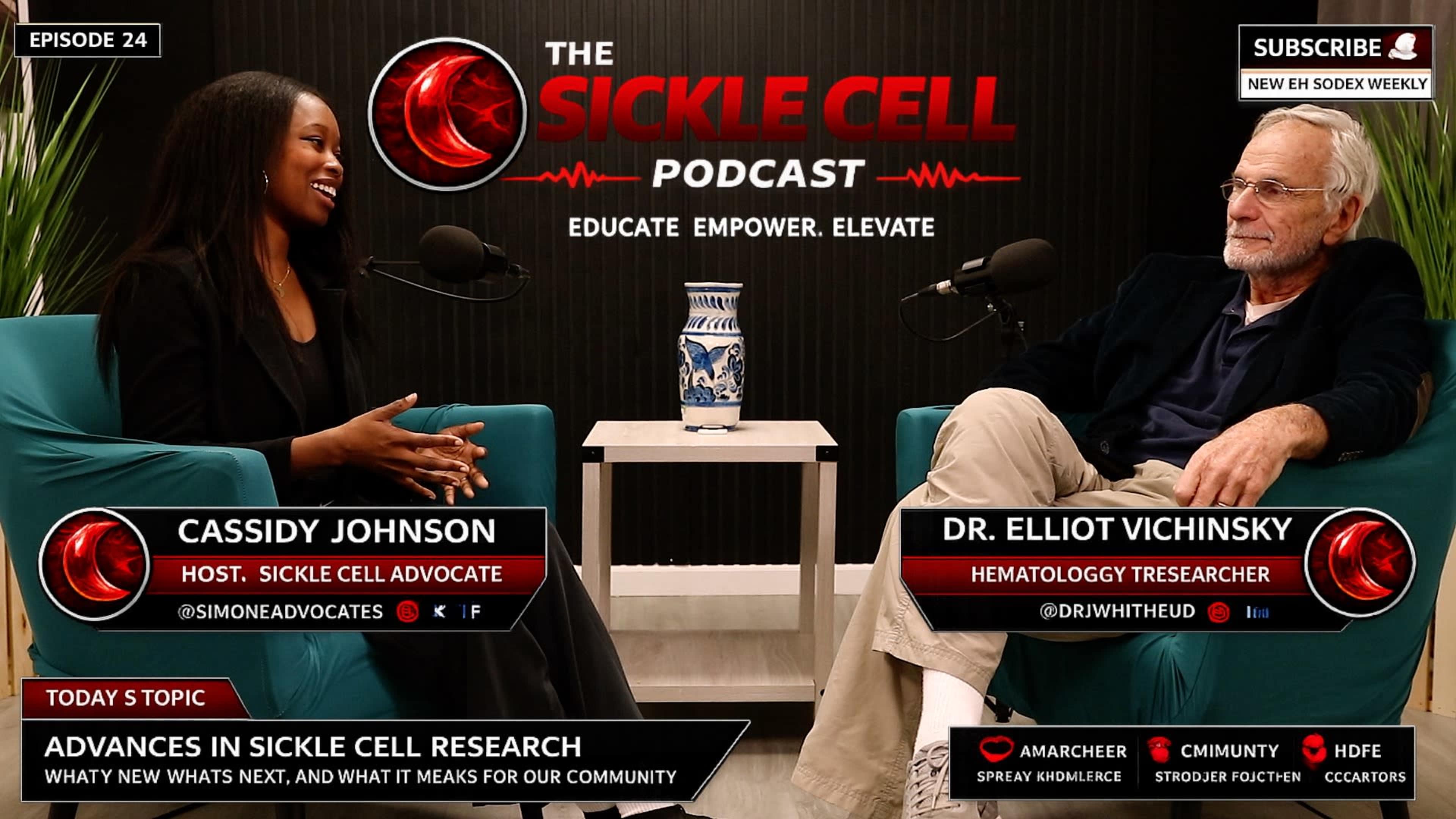 The image shows a podcast recording featuring Cassidy Johnson, the host, and Dr. Elliot Vichinsky, a hematology researcher, sitting in chairs facing each other against a patterned backdrop.