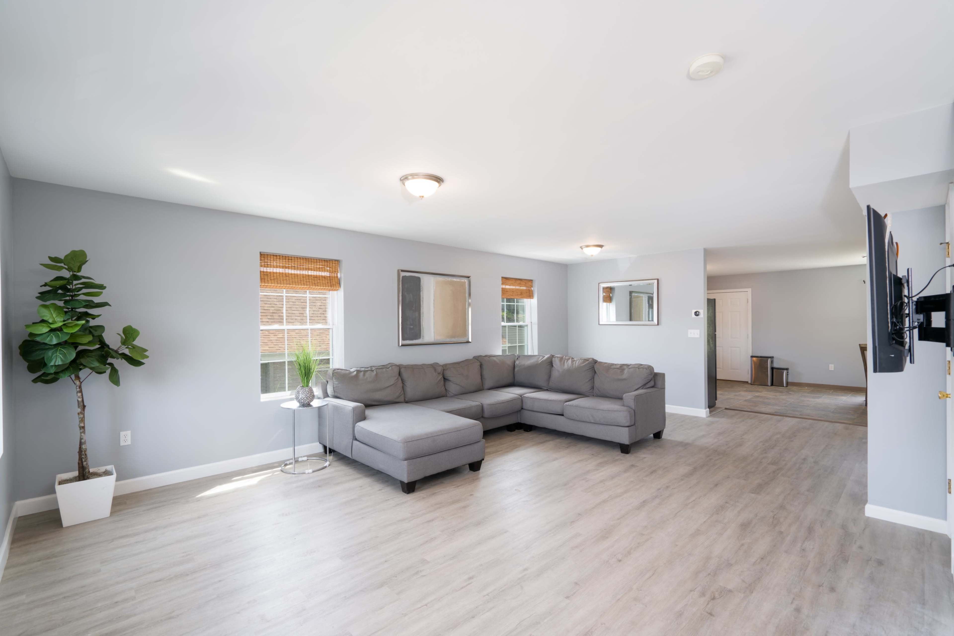 A spacious living room features a gray sectional couch, two windows with bamboo shades, and a potted plant in the corner.