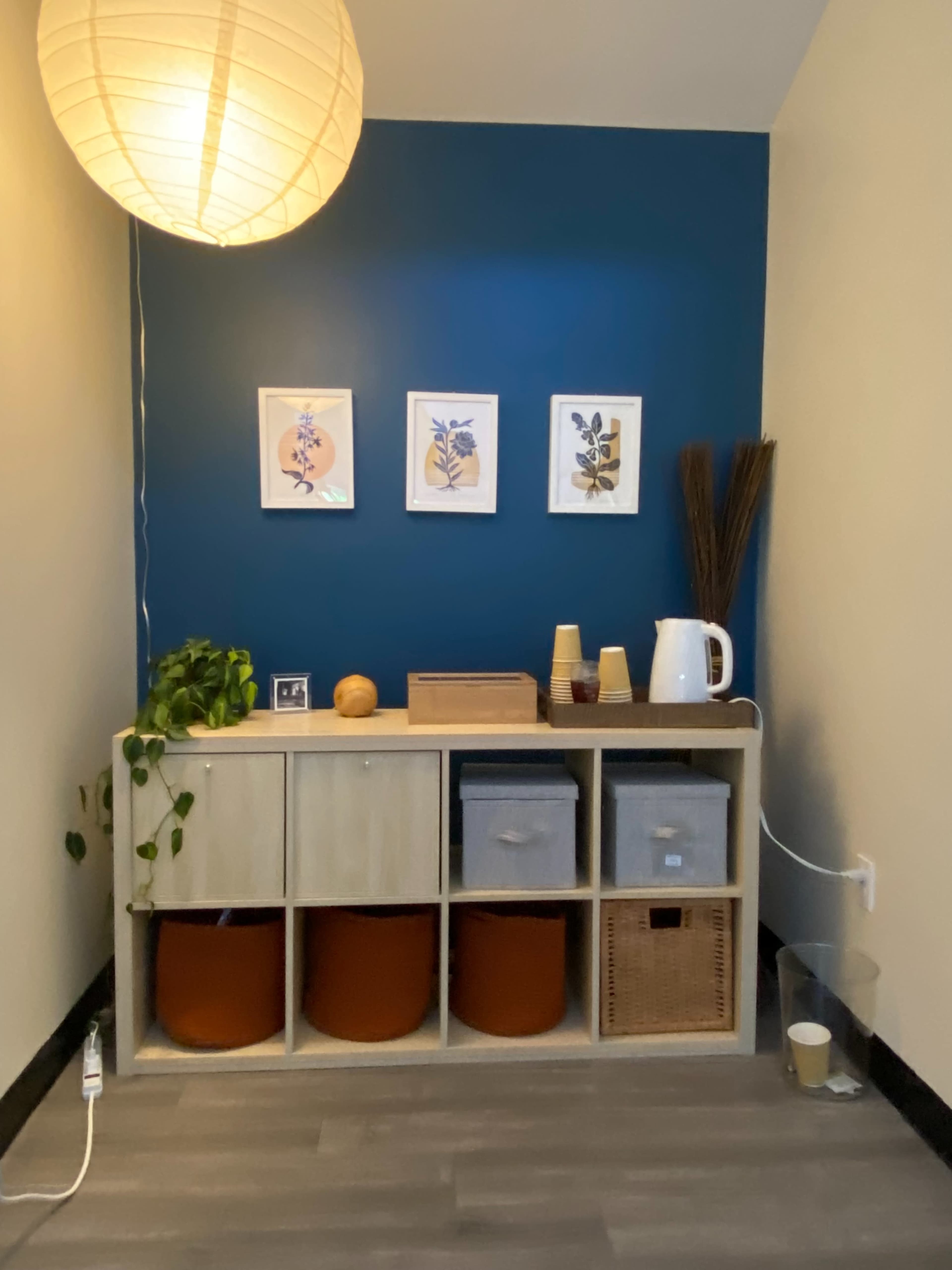 The image shows a neatly arranged corner with a wooden shelf containing various storage boxes and a kettle, against a deep blue wall adorned with framed botanical prints.