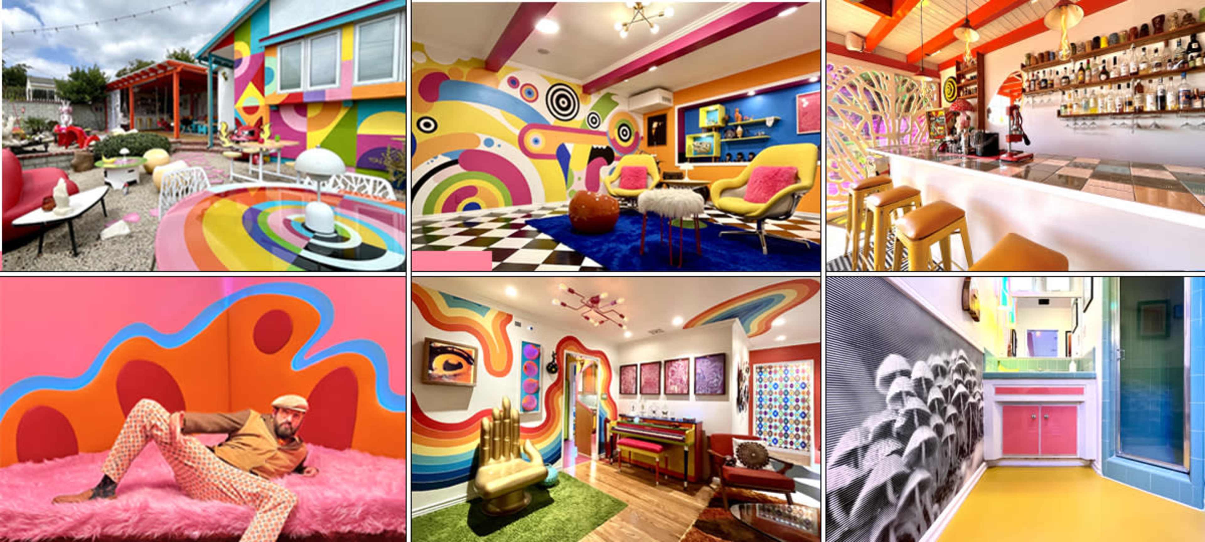 The images showcase a vibrant, multicolored retro-themed space featuring bold geometric patterns and playful decor elements in various rooms and outdoor areas.
