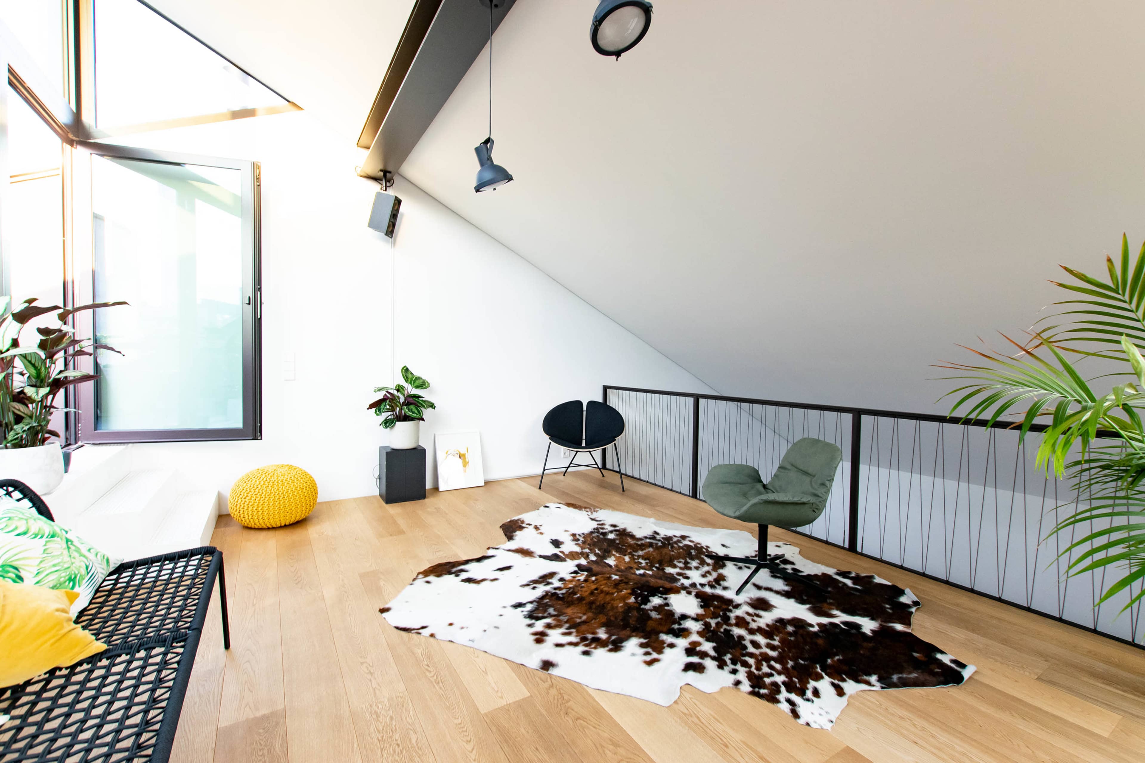 A modern attic living space features large windows, a cowhide rug, contemporary furniture, and potted plants.