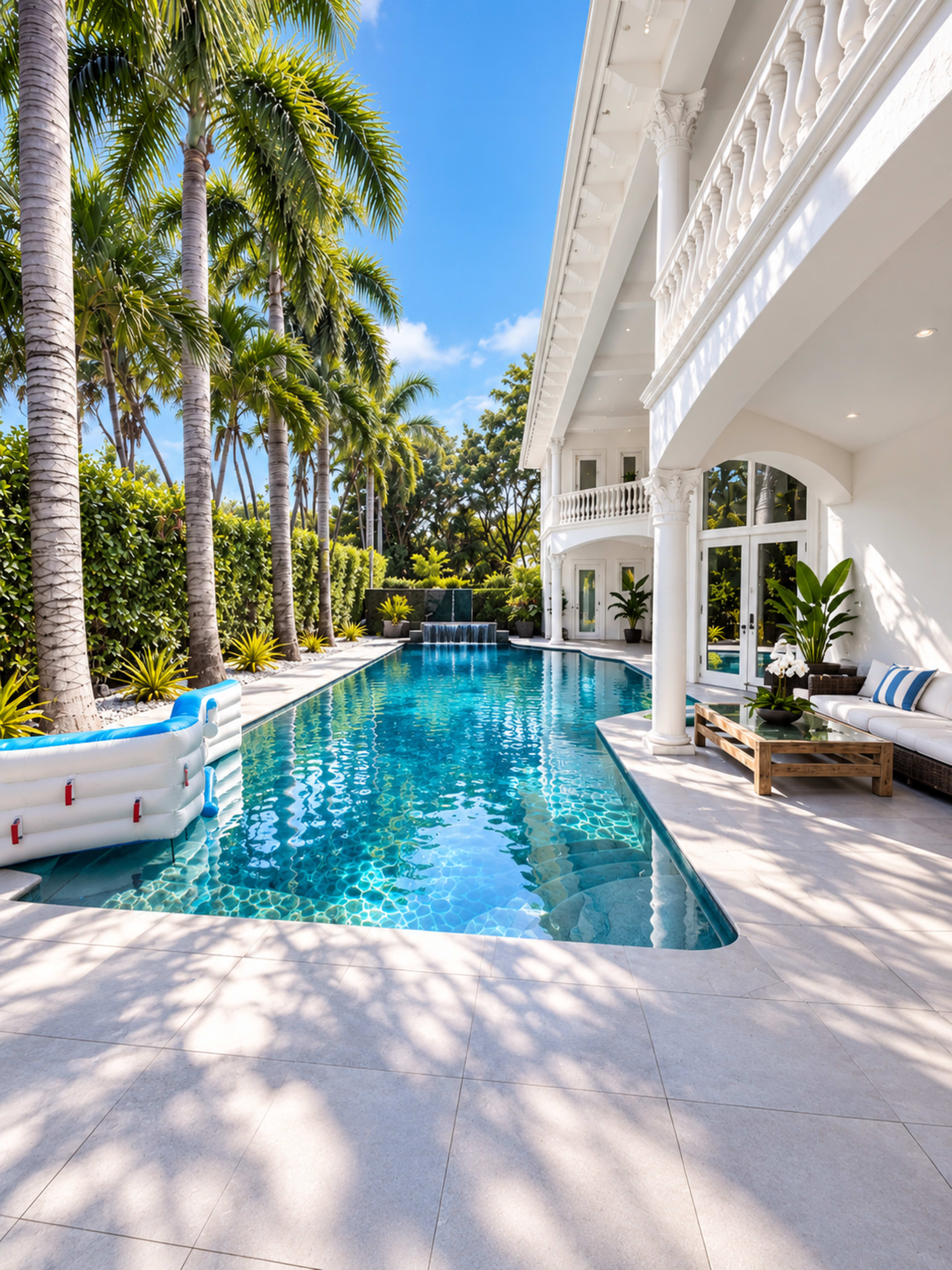 A luxurious outdoor pool area surrounded by palm trees and a grand white house with large windows.