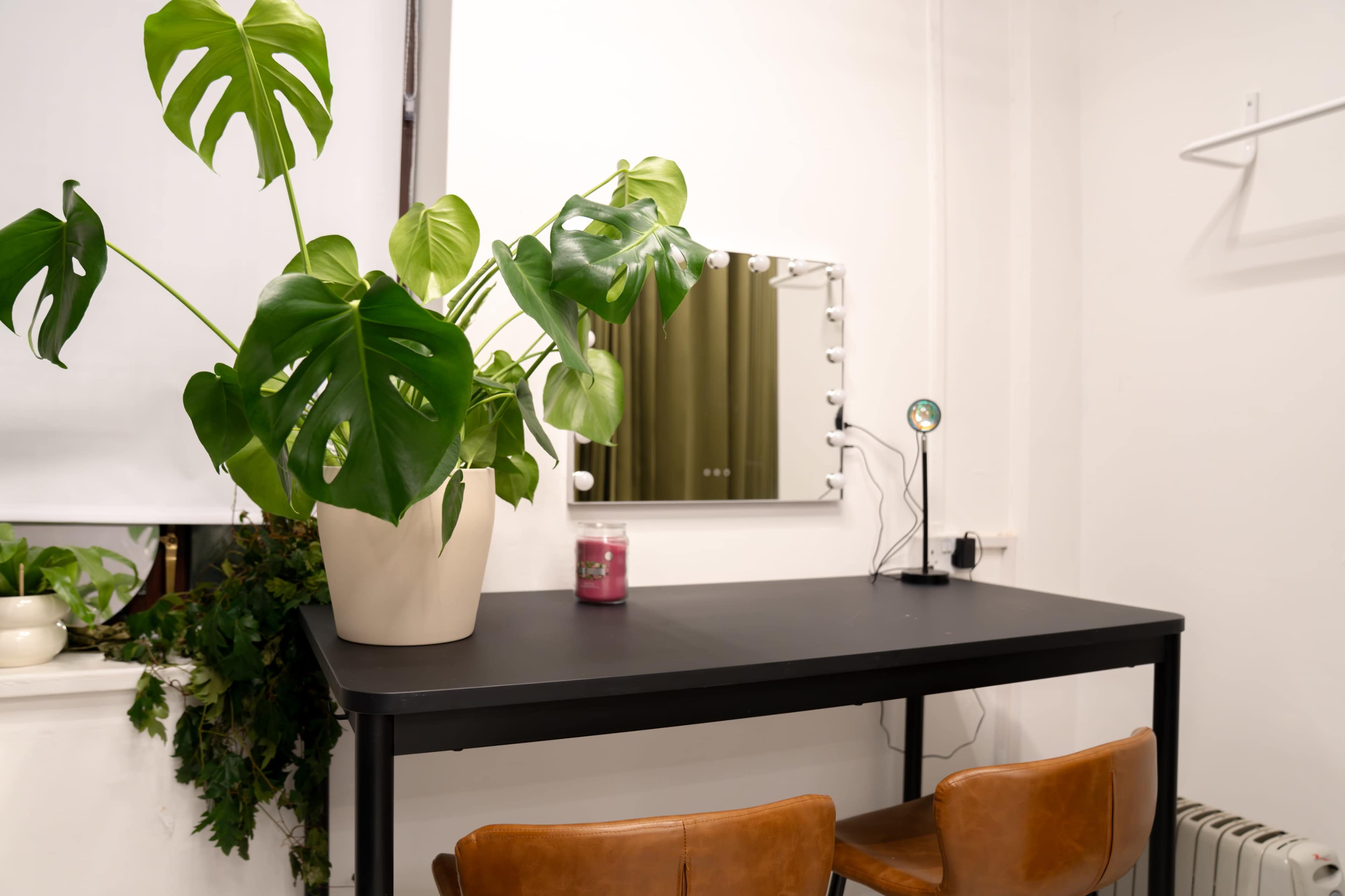 A black table with two brown chairs, a large potted plant, a mirror with lights, and a small lamp is set against a light-colored wall.