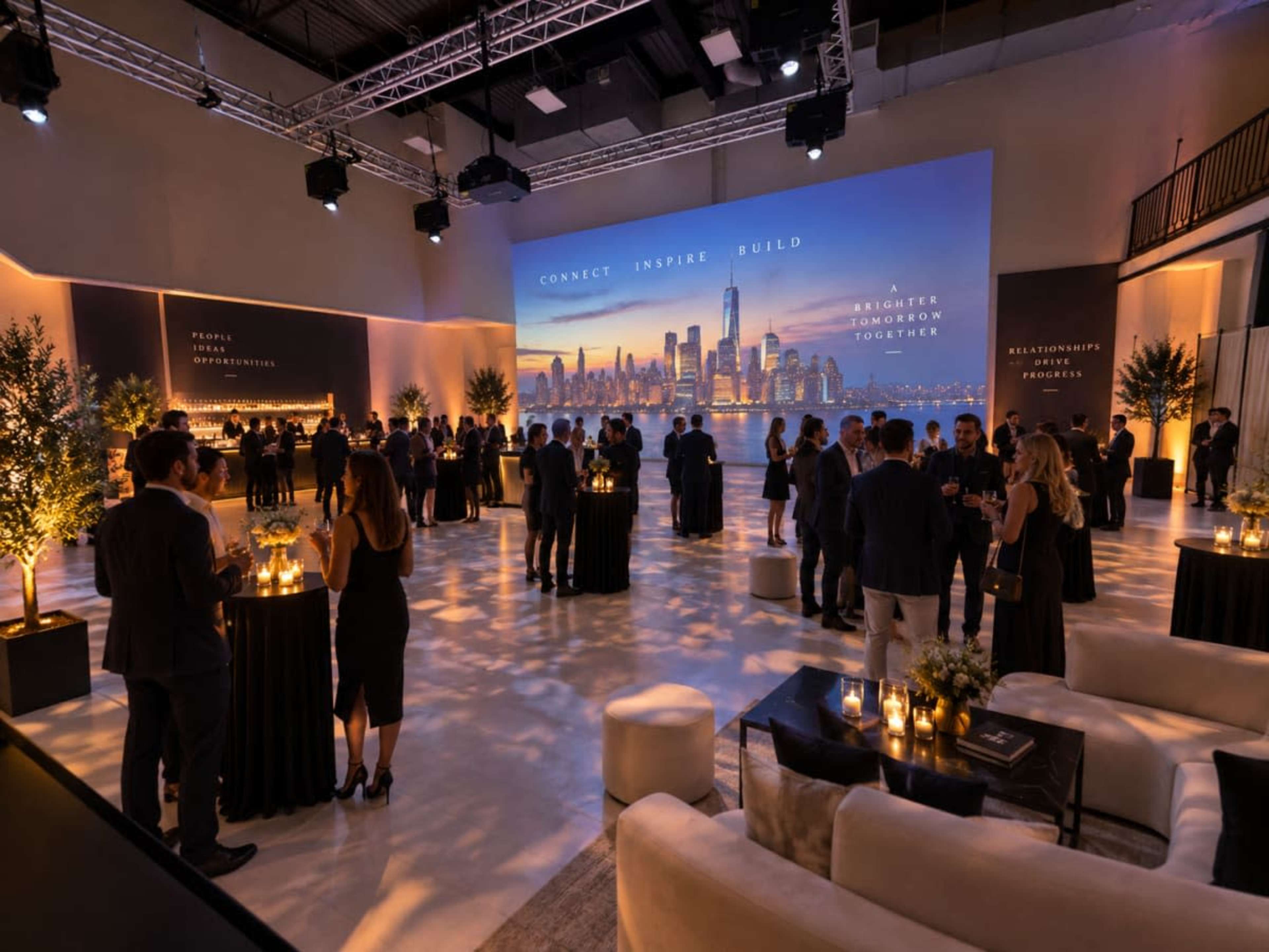 The image shows a spacious event hall with people mingling around tables, illuminated by ambient lighting and featuring a large screen displaying a city skyline.