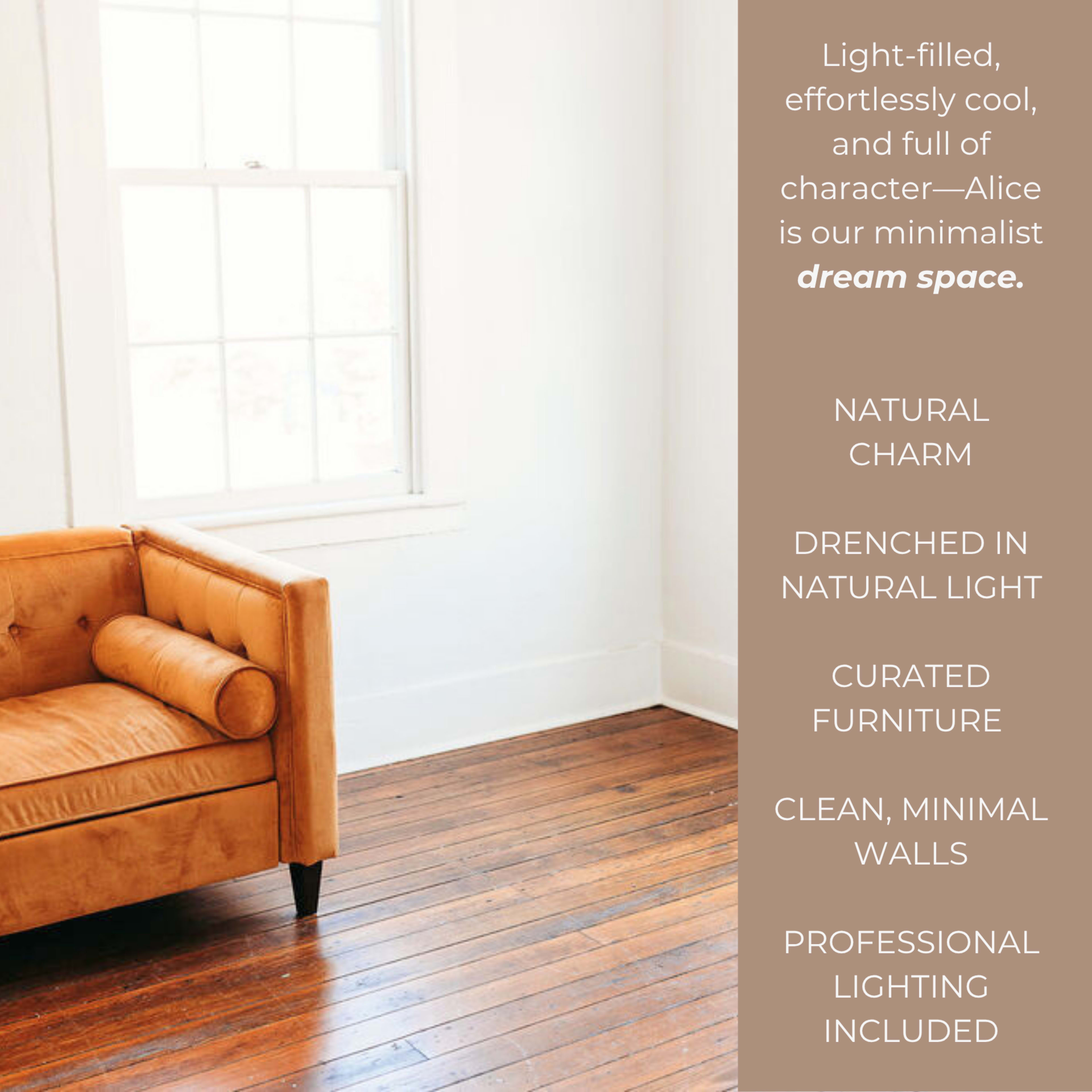 The image features a minimalist room with a tan sofa, wooden floors, and large windows allowing ample natural light.